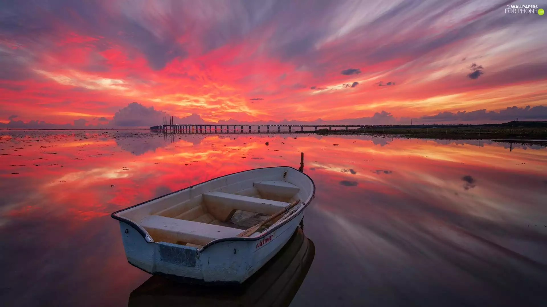 Great Sunsets, clouds, bridge, Boat, lake