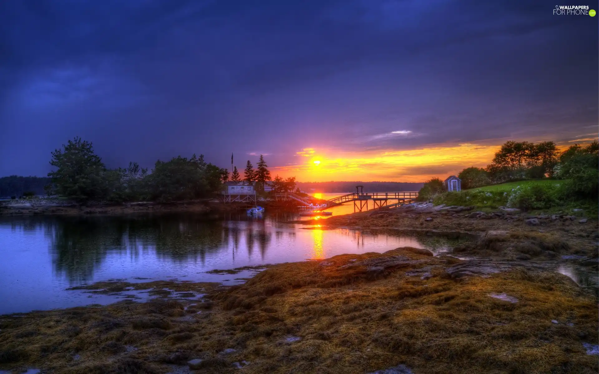 lake, sun, bridge, west