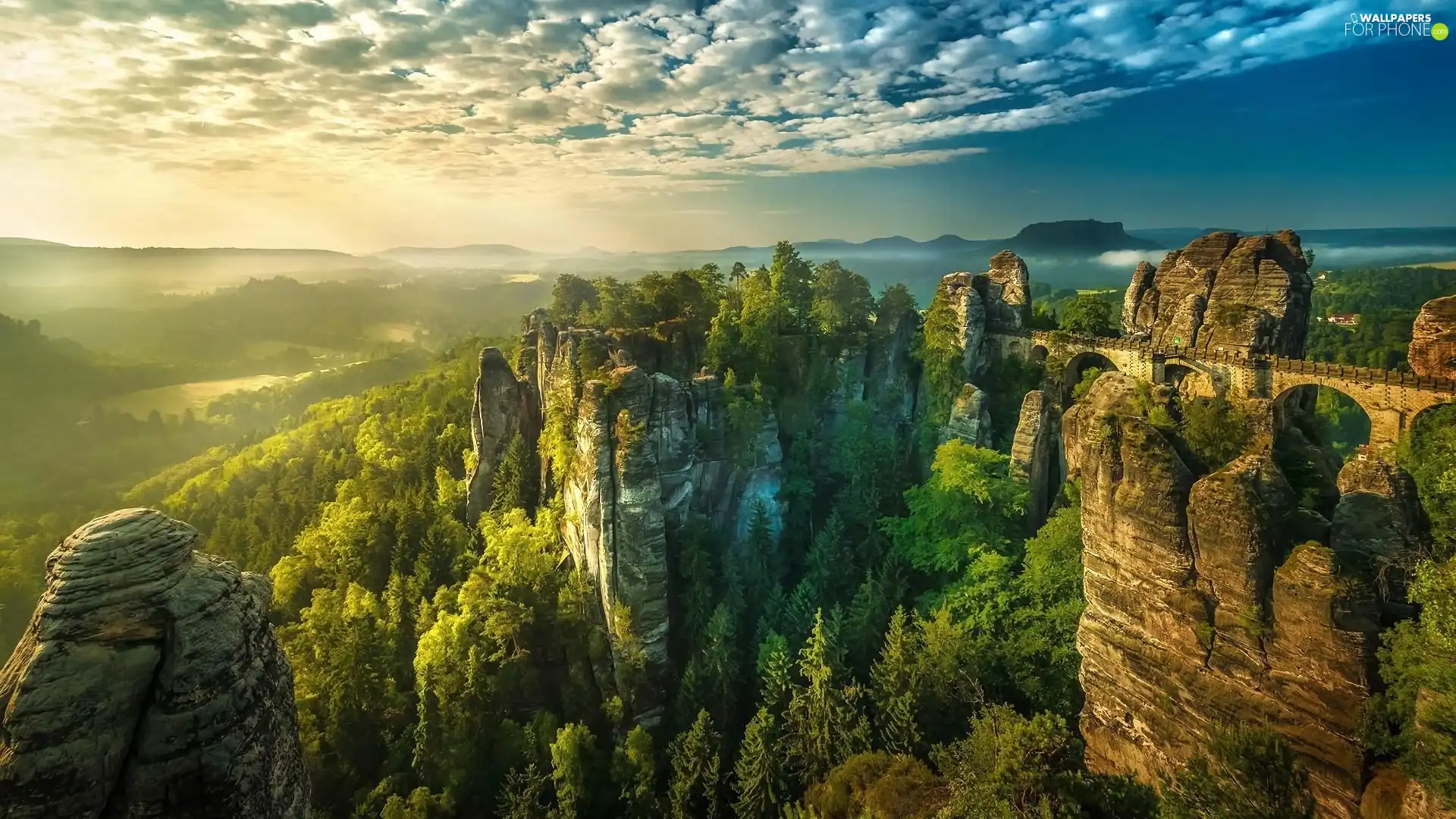 Mountains, forest, bridge, rocks