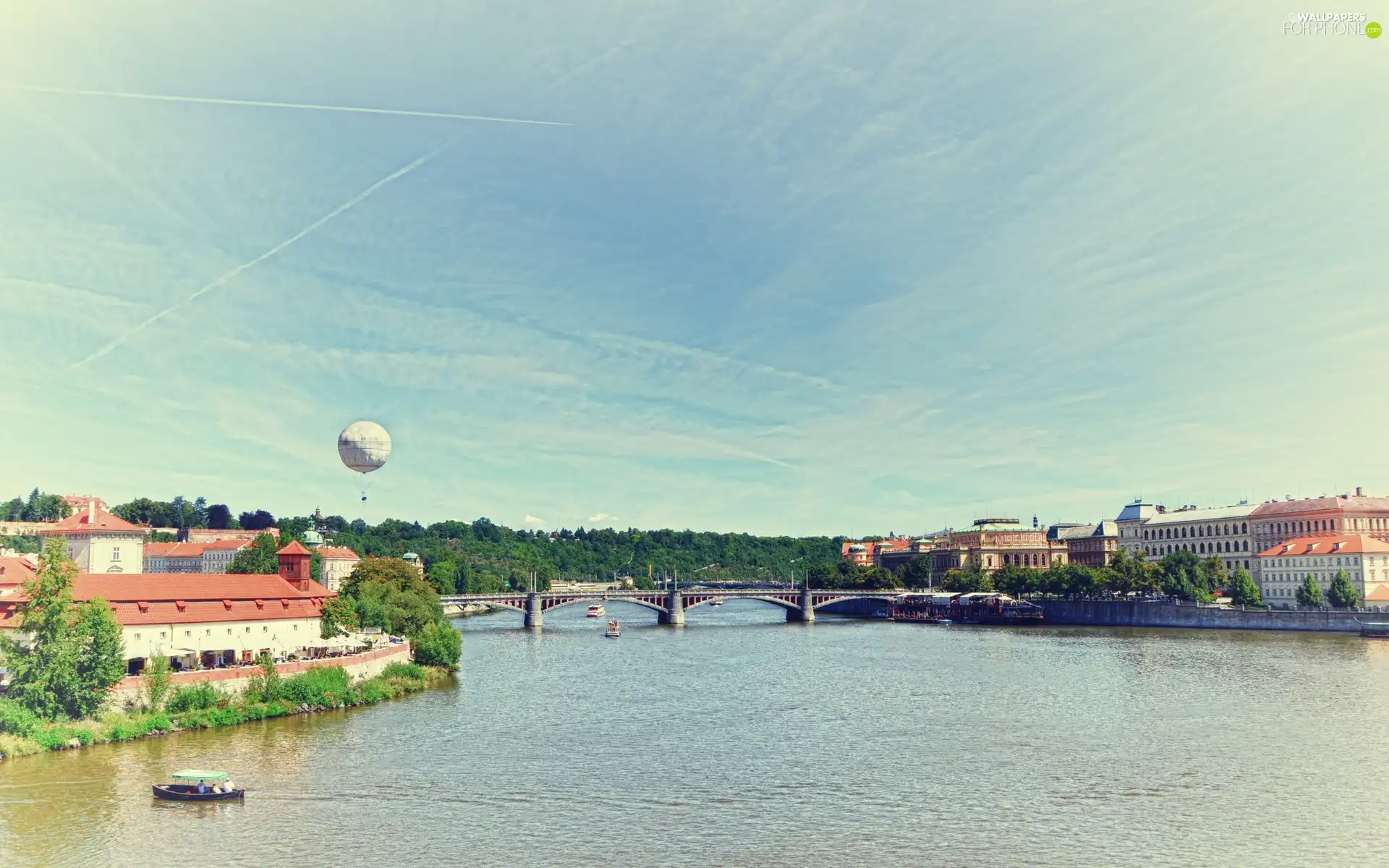 panorama, River, bridge, town