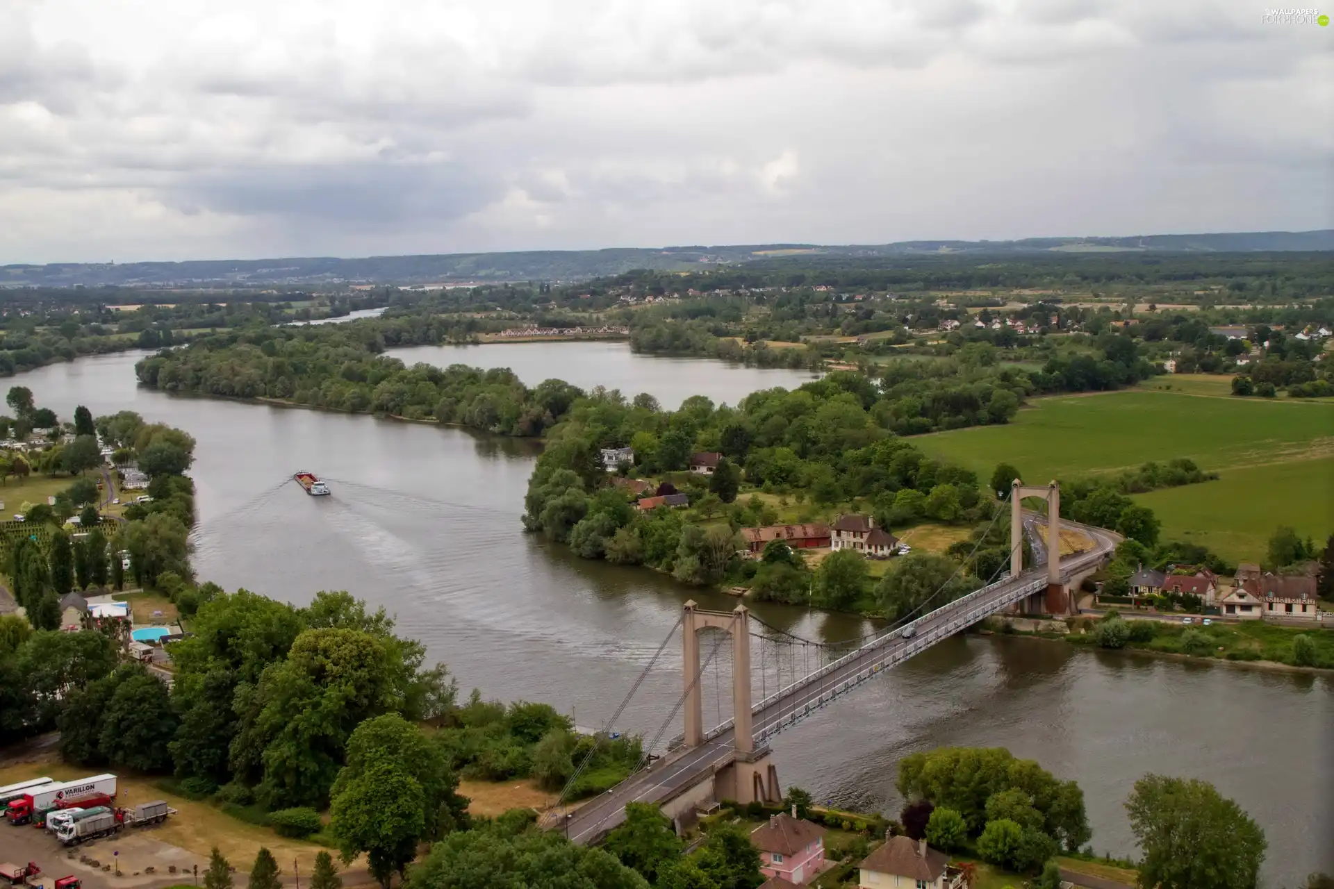 panorama, River, bridge, town