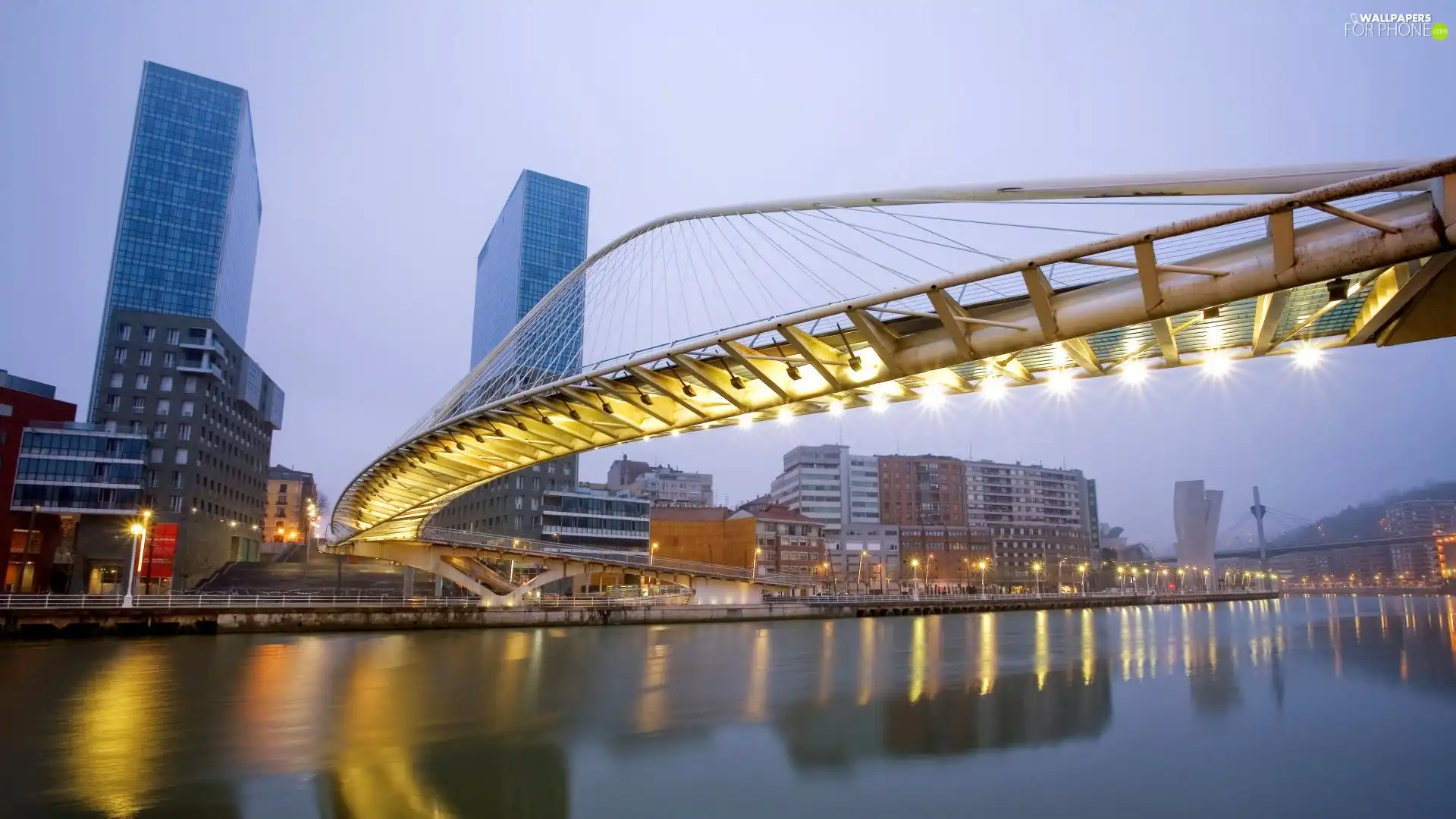 panorama, town, bridge, illuminated