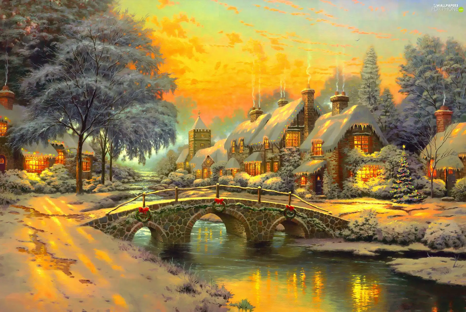 bridge, River, view, Houses, winter