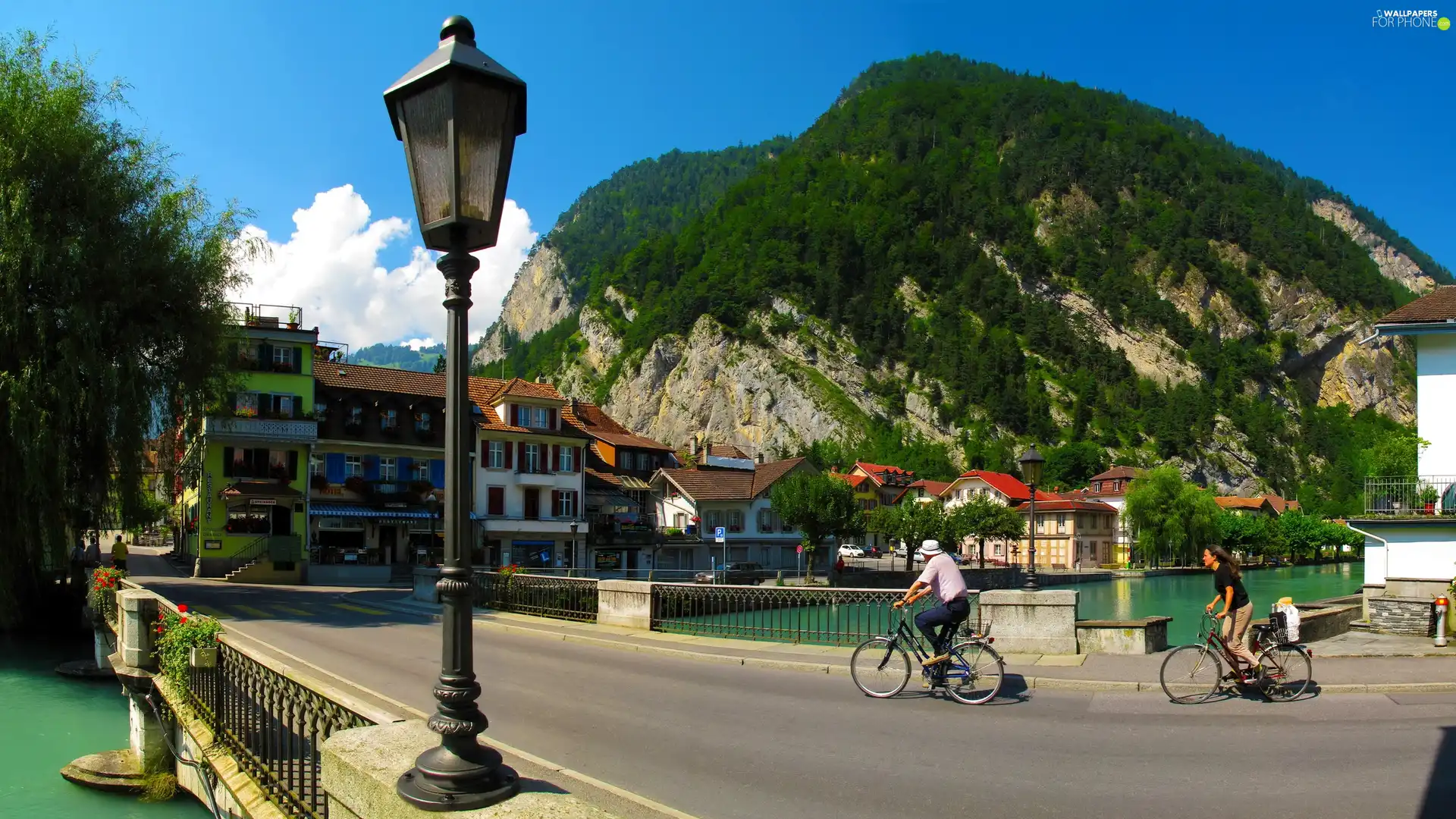 Town, Street, bridge, Mountains