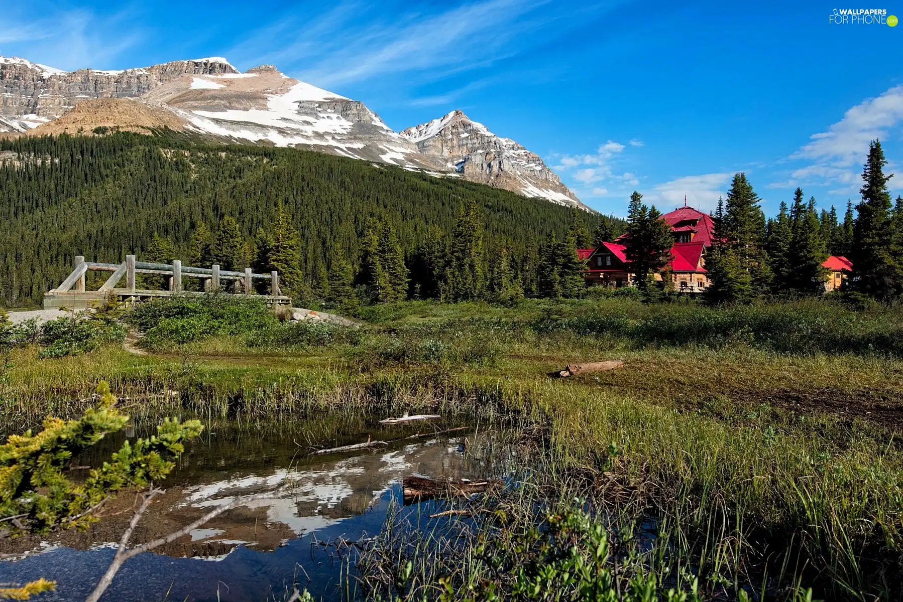 bridges, Canada, woods, house, Mountains