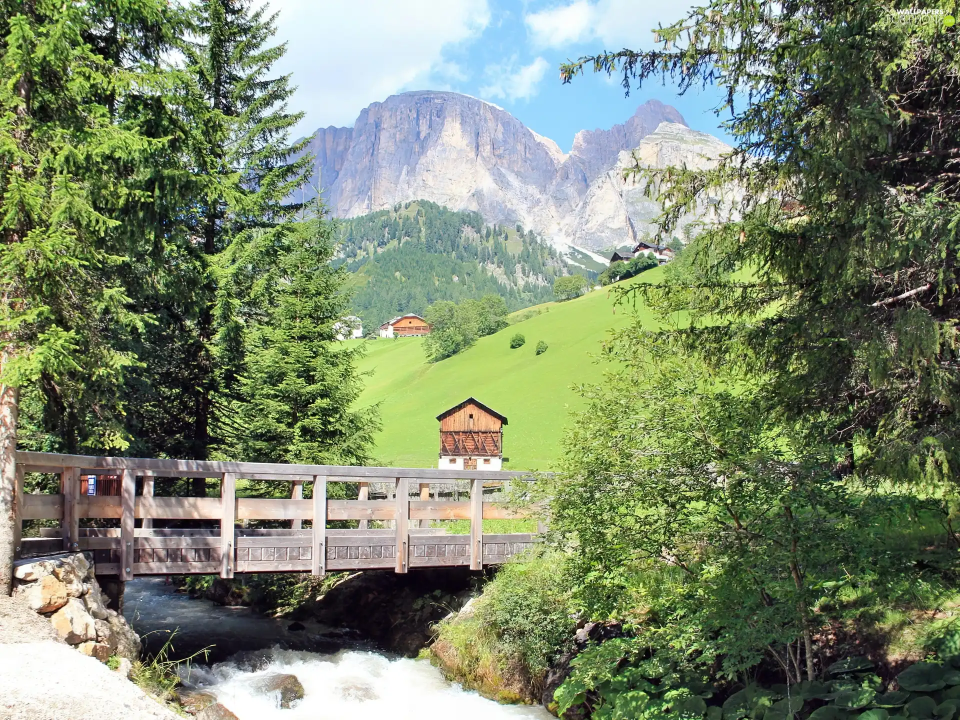 Mountains, stream, bridges, Meadow