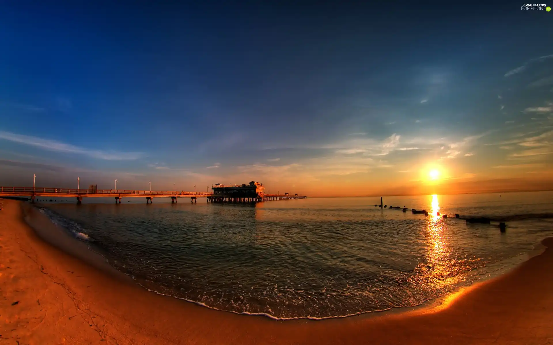 bridges, sea, sun, Sand, west