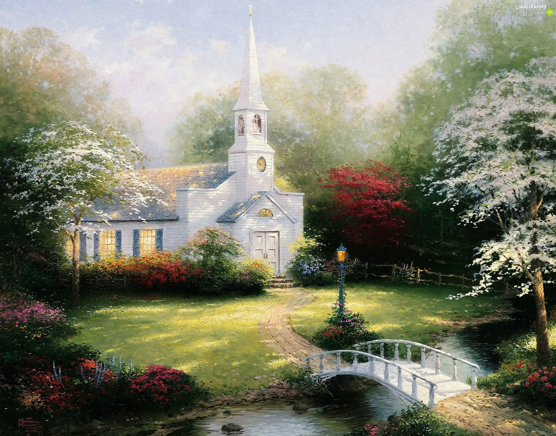 Church, River, Thomas Kinkade, bridges, viewes, picture, painting, trees