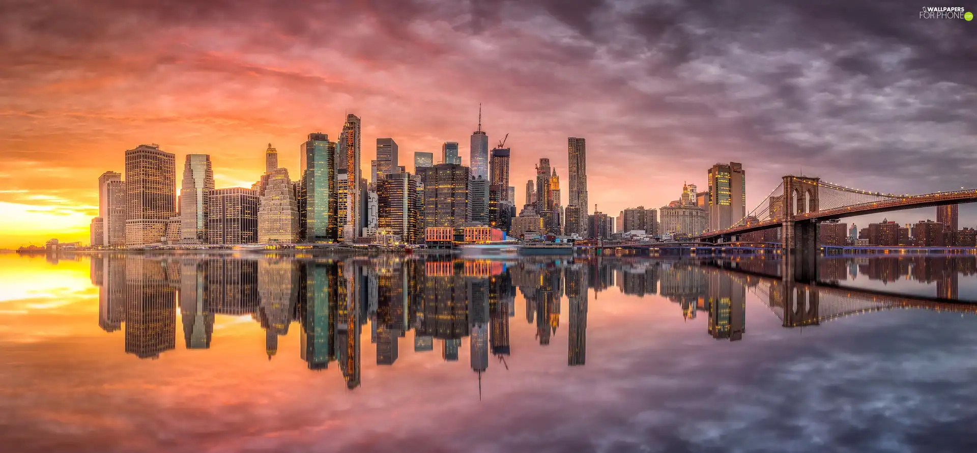 Great Sunsets, New York, skyscrapers, Brooklyn Bridge, New York, The United States, River, East River Strait, Brooklyn Bridge