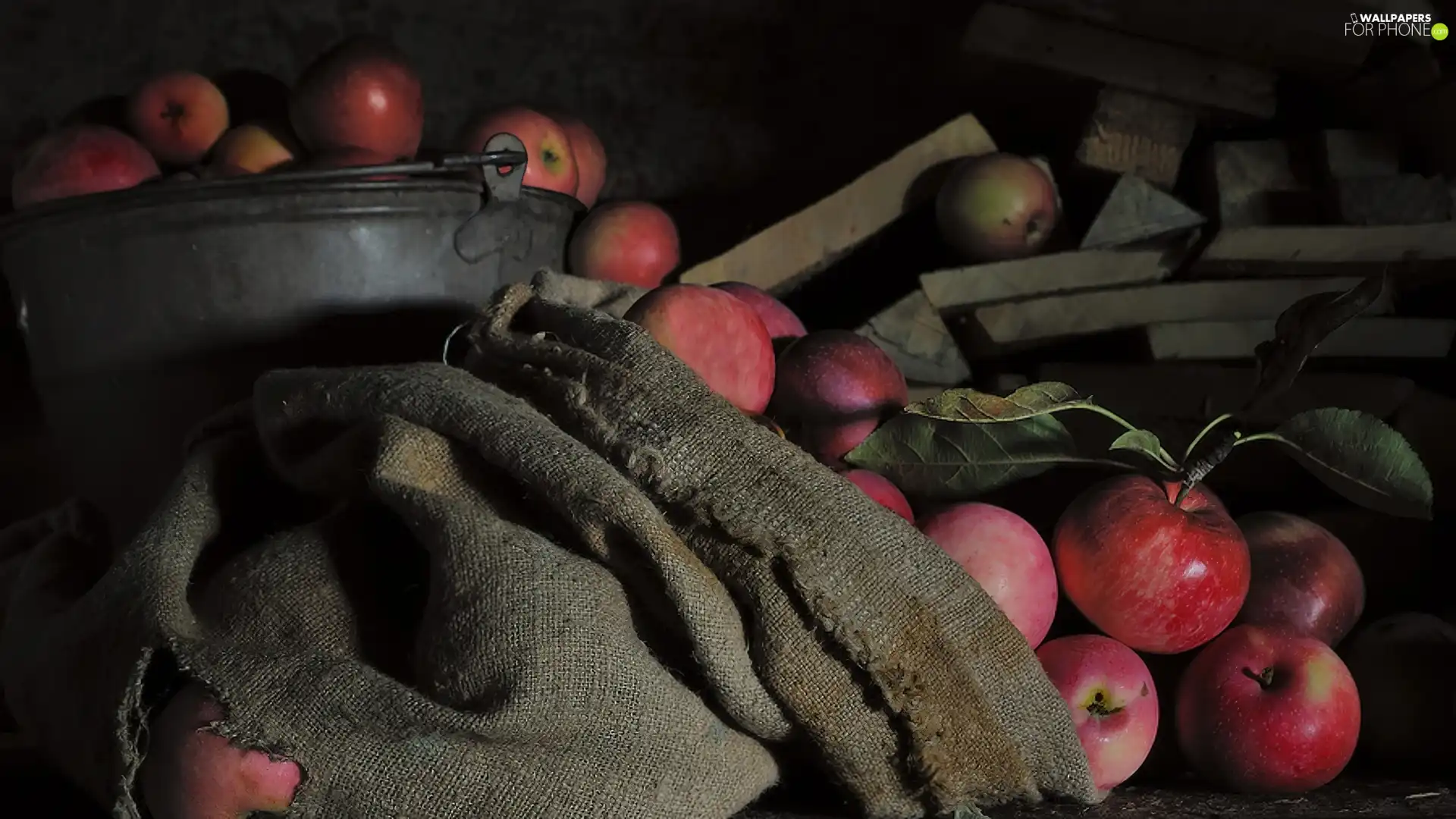 bucket, apples, bag