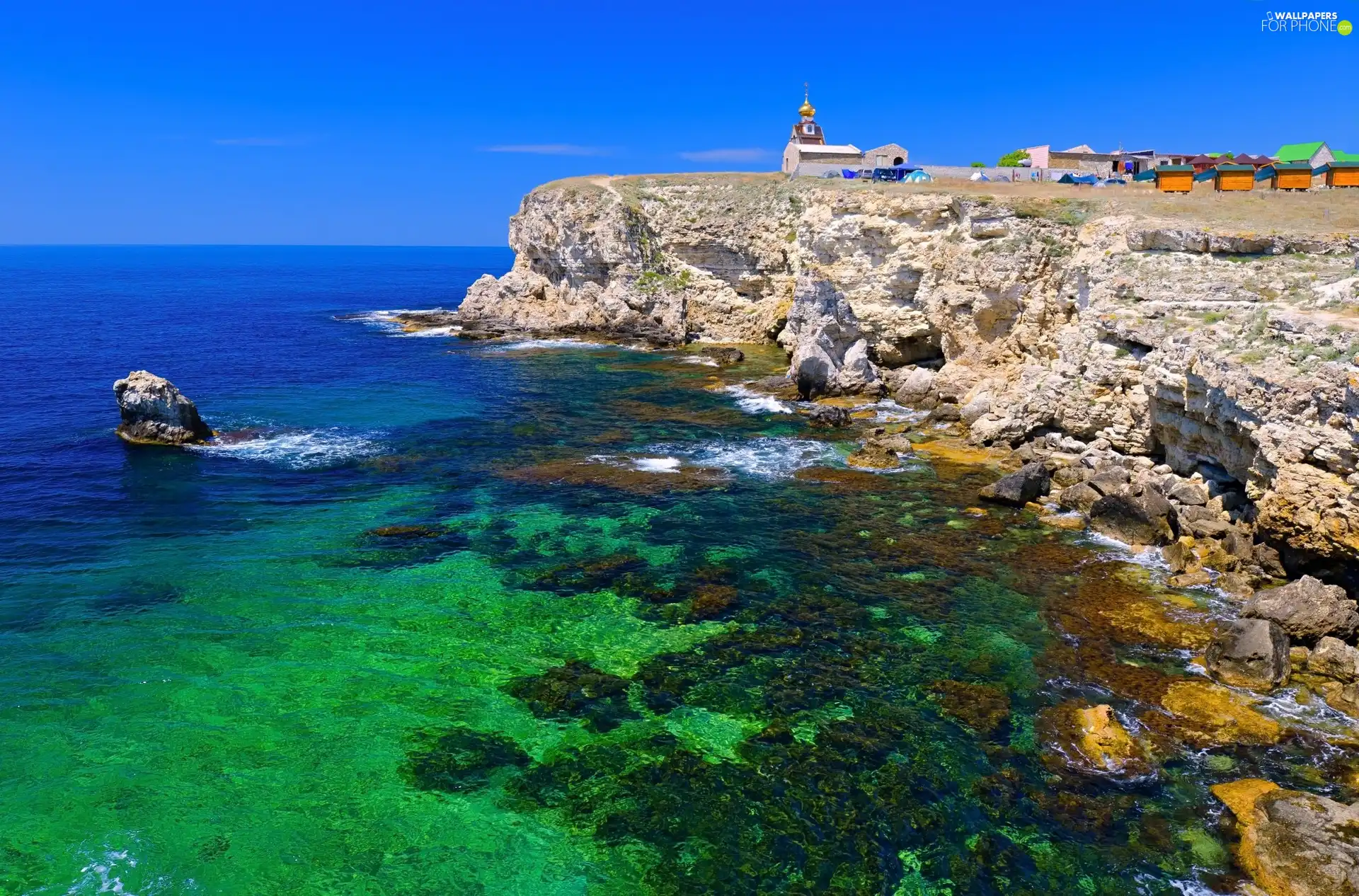 buildings, cliff, Coast