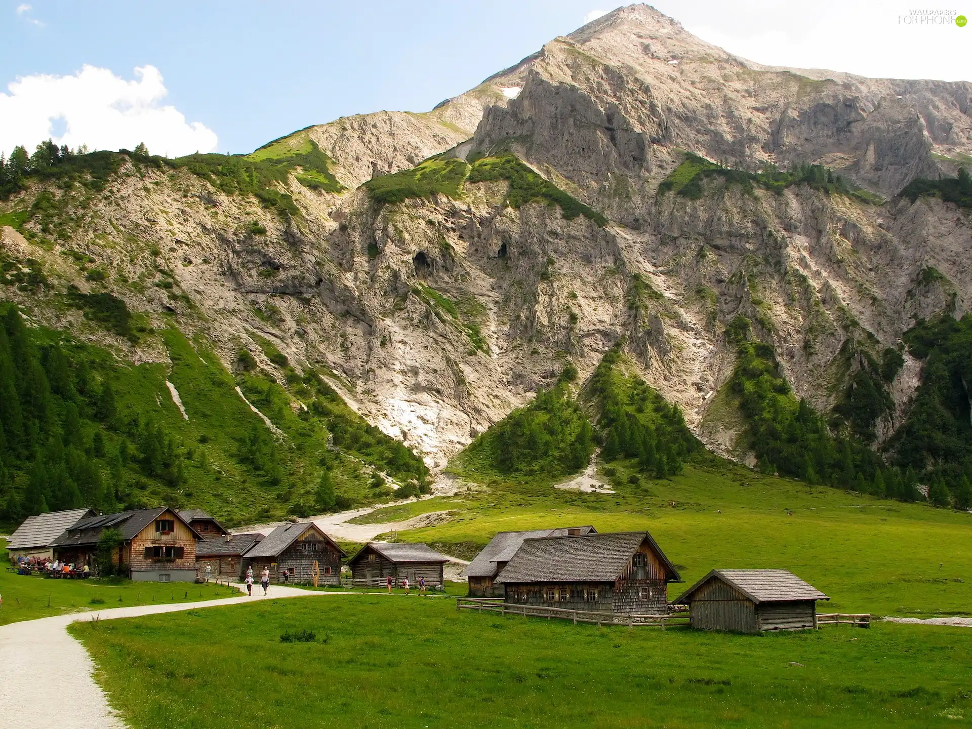 buildings, Mountains, Meadow