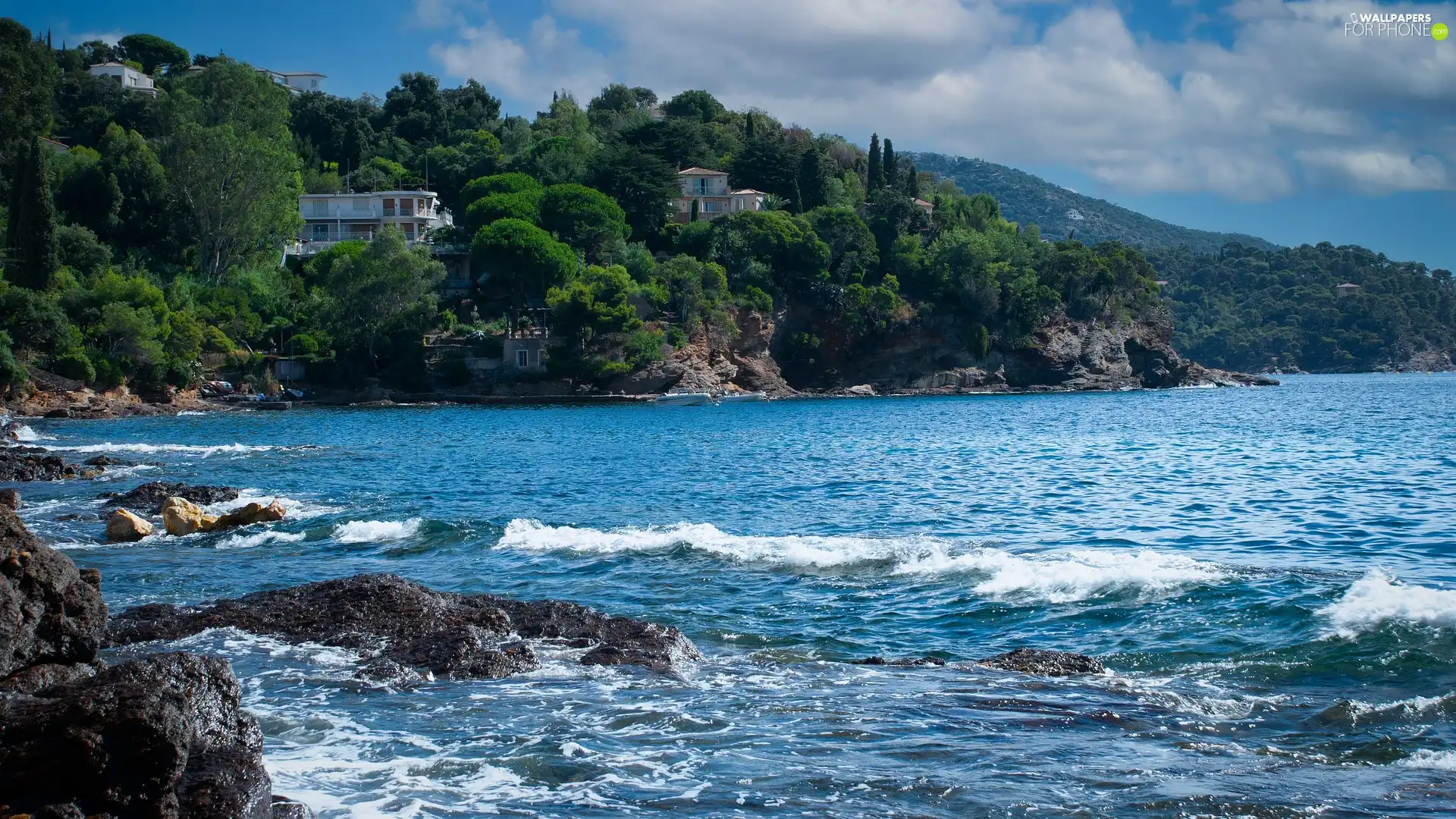 The Hills, sea, viewes, rocks, Coast, trees, buildings