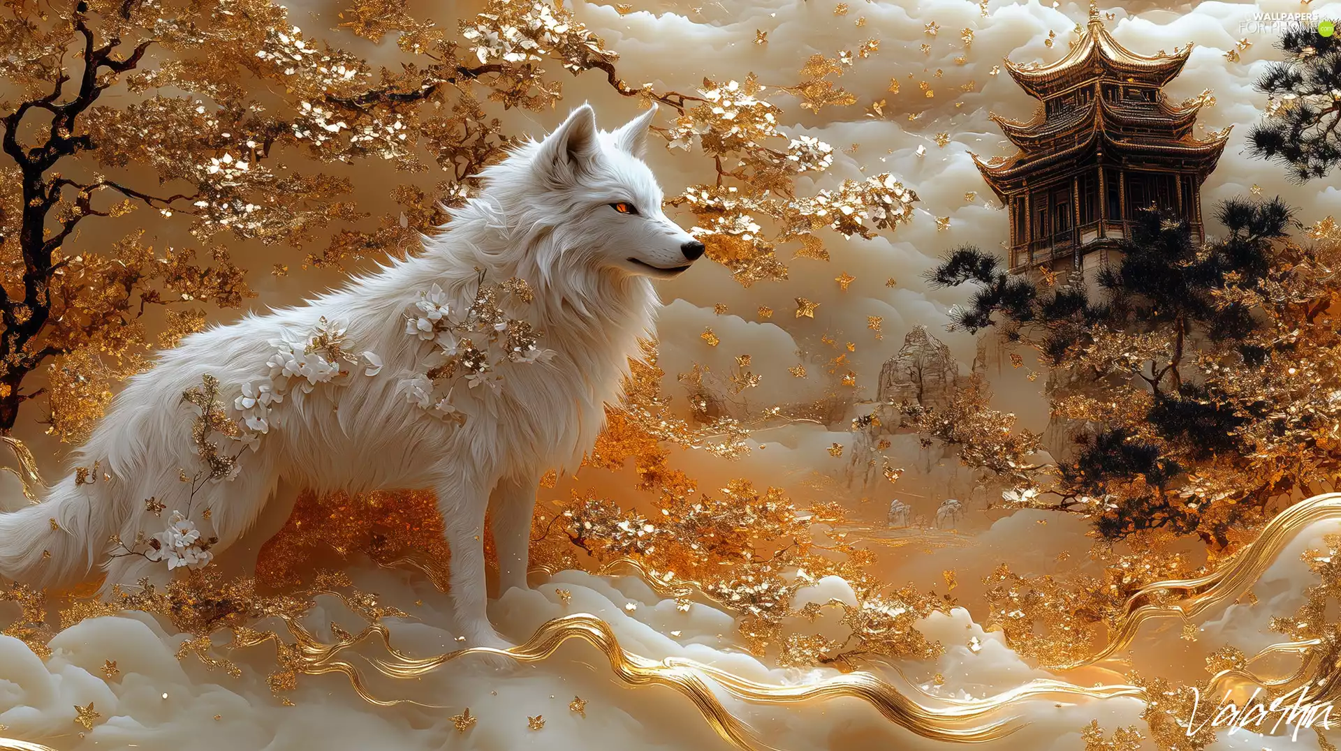 Wolf, graphics, viewes, Buldings, trees, White