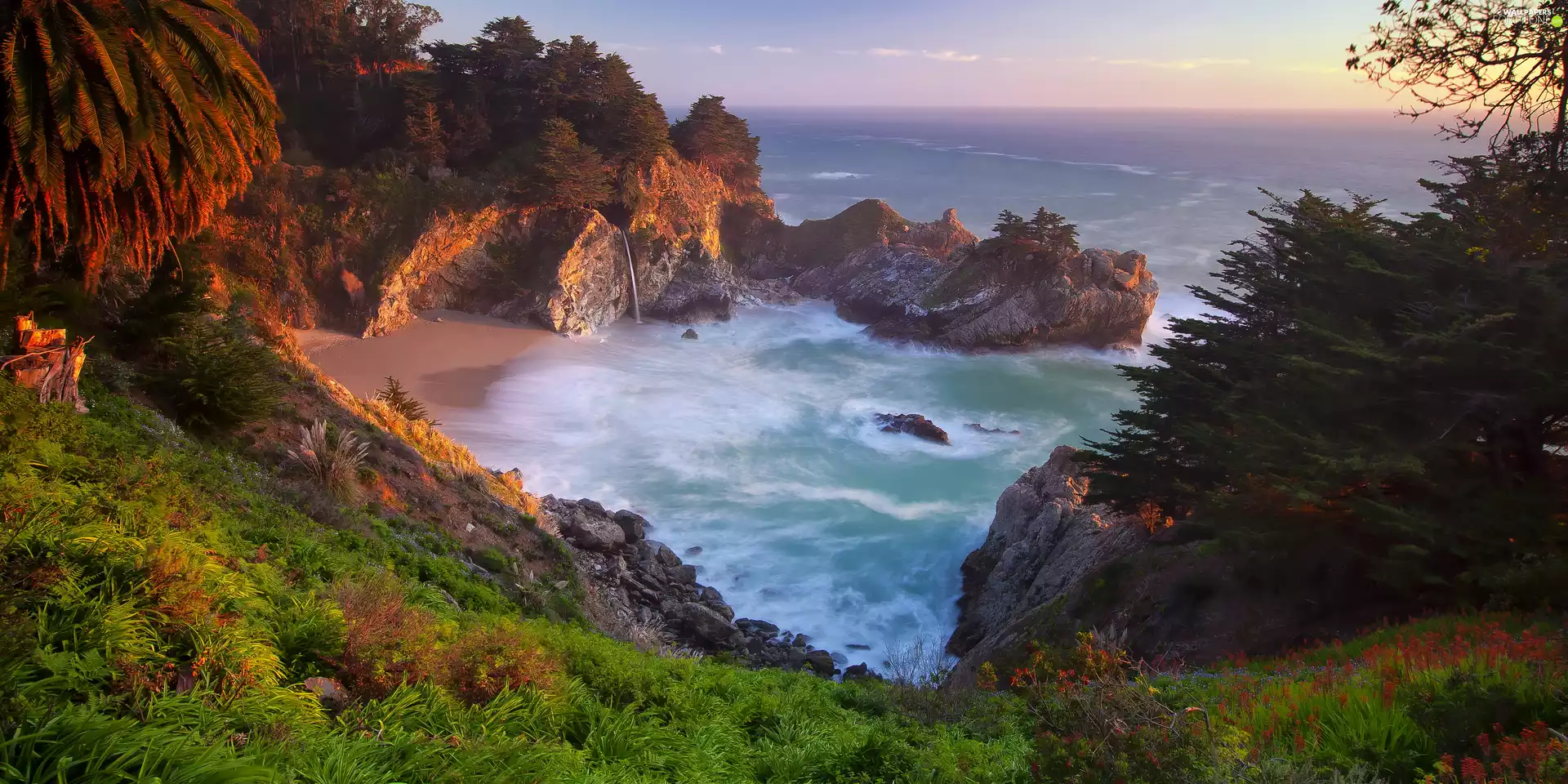 viewes, trees, VEGETATION, Gulf, Julia Pfeiffer Burns State Park, California, rocks, McWay Cove, The United States, McWay Falls, Coast, sea