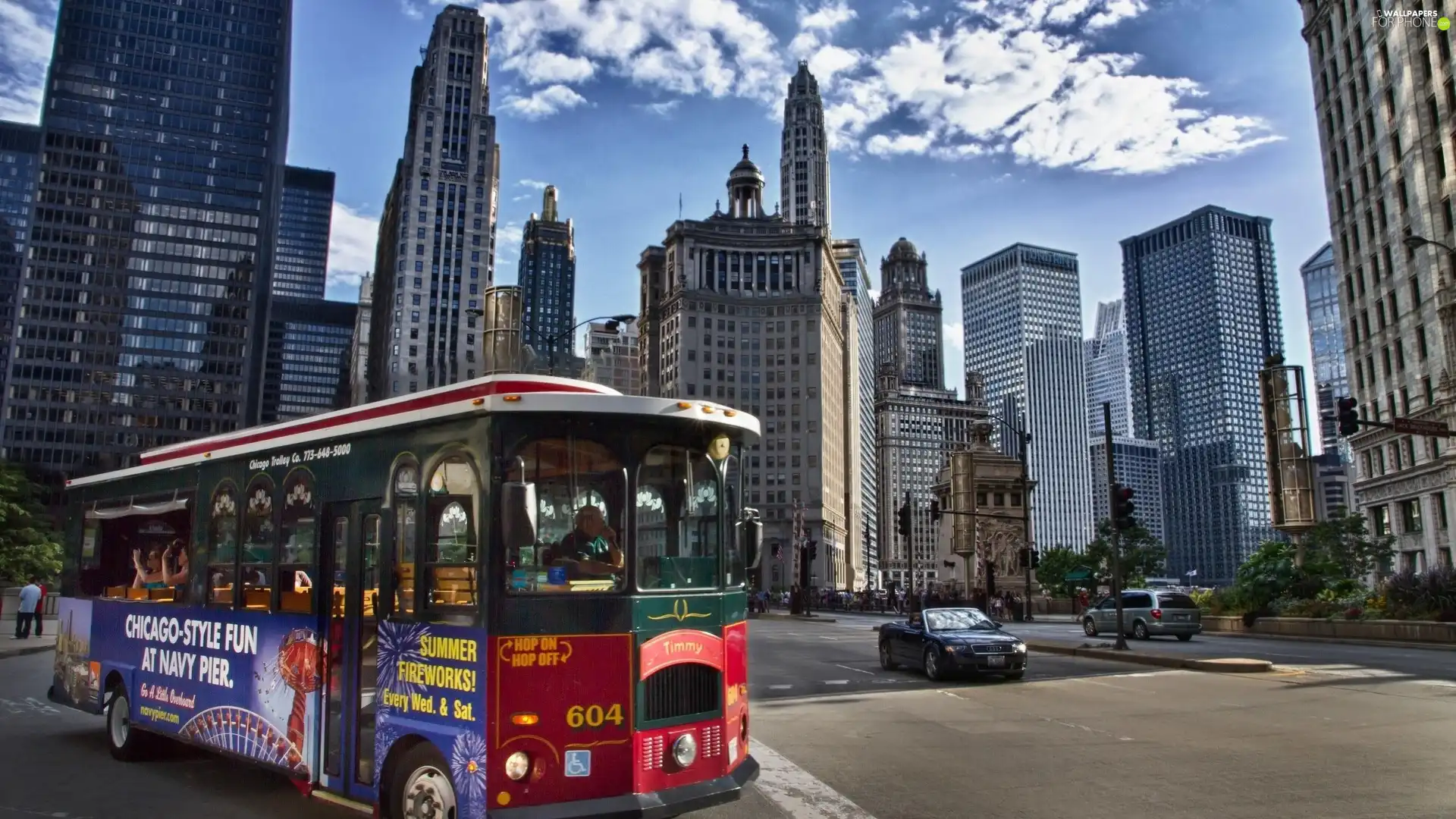 skyscrapers, Street, bus, clouds