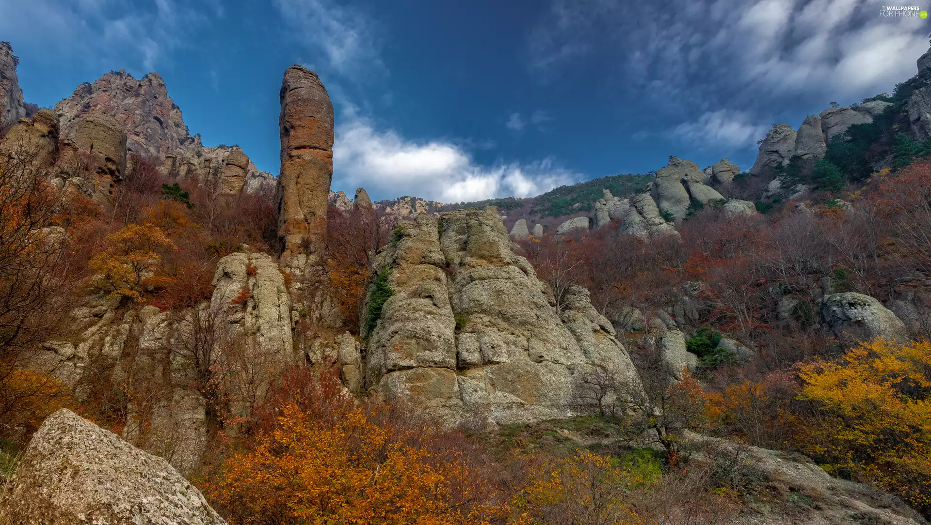 autumn, rocks, viewes, Mountains, Rock Formations, trees, Bush