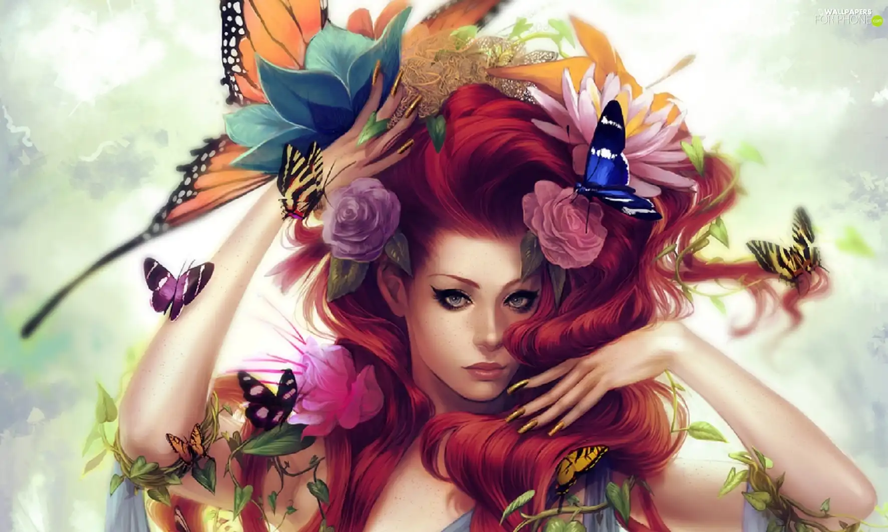 butterflies, Women, Flowers