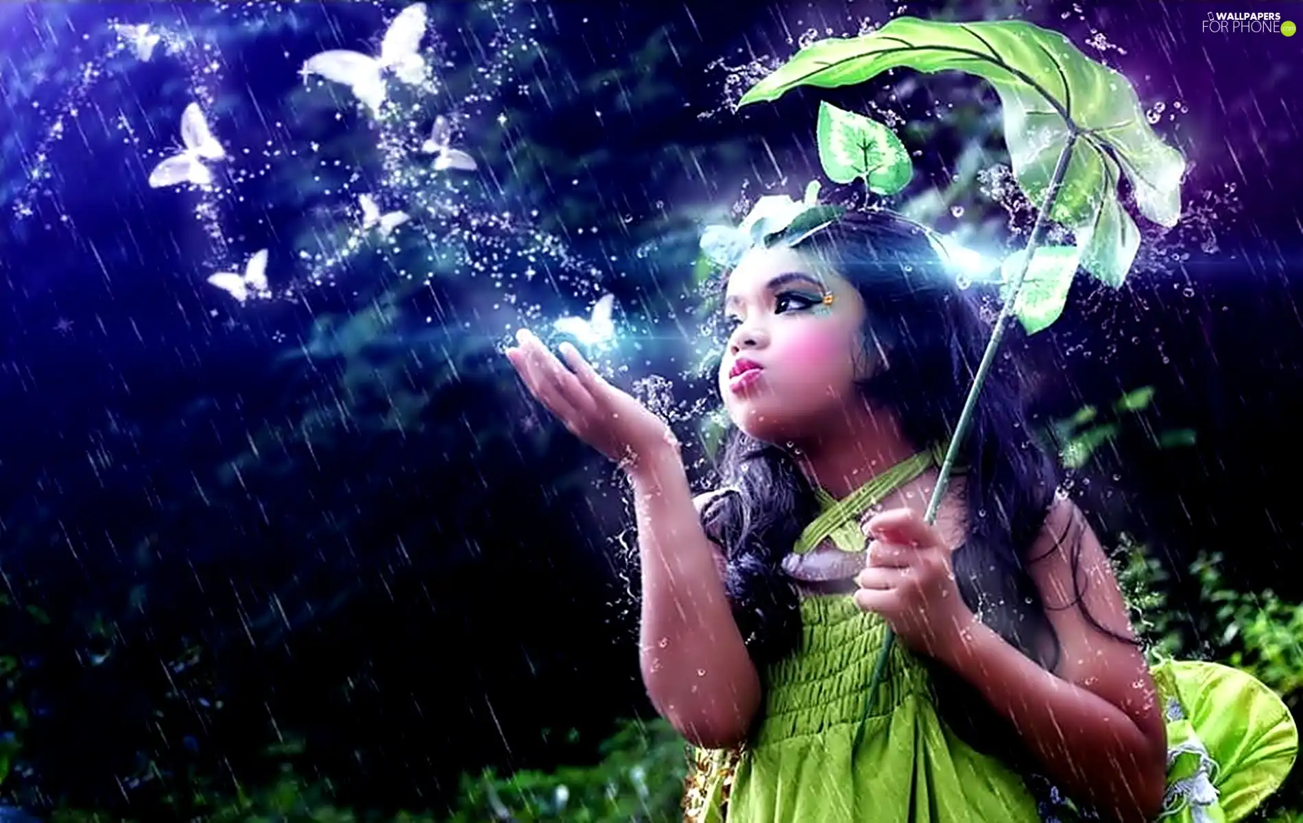butterflies, girl, Rain