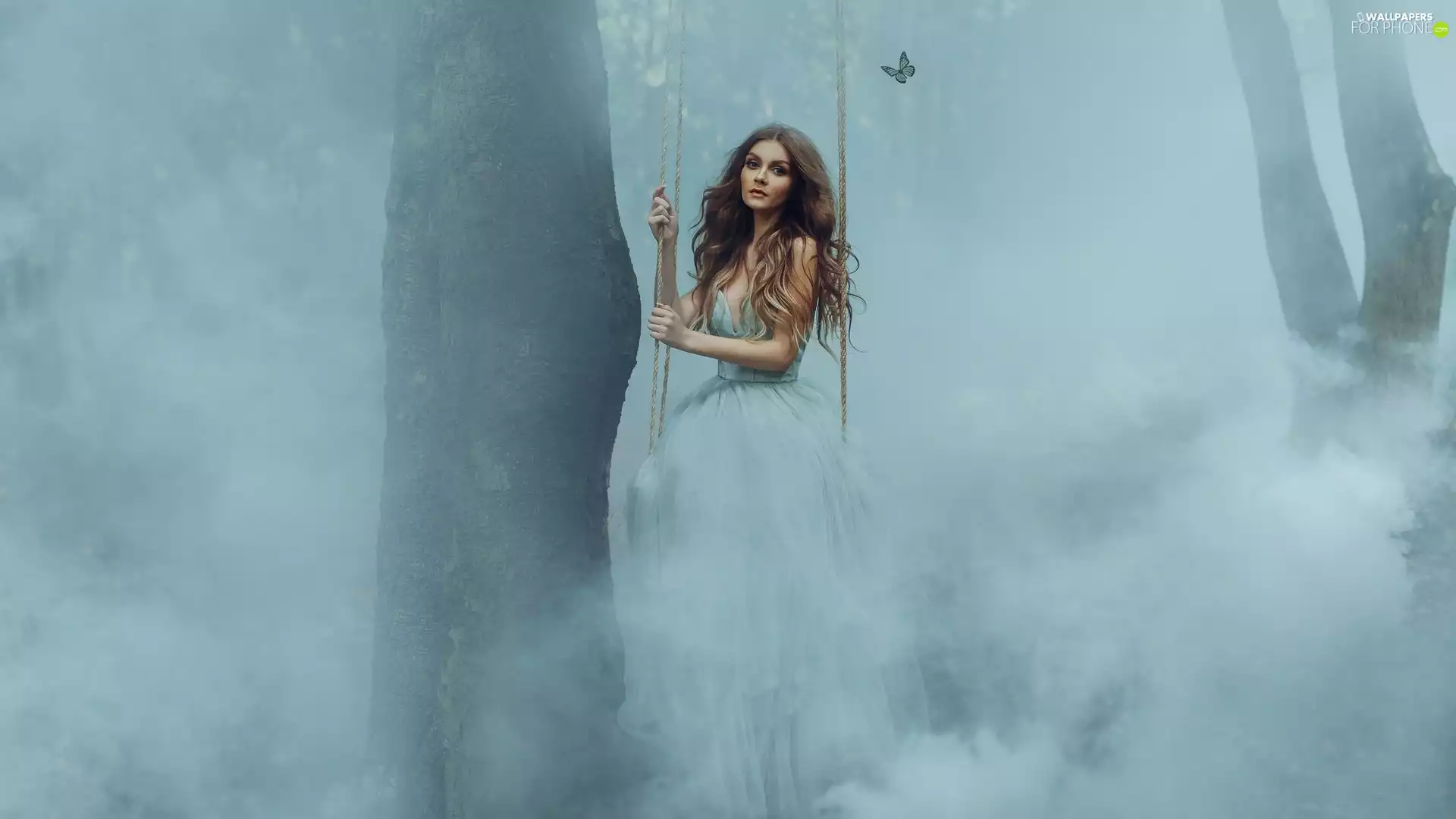 Swing, Women, Fog, butterfly, trees, light brown