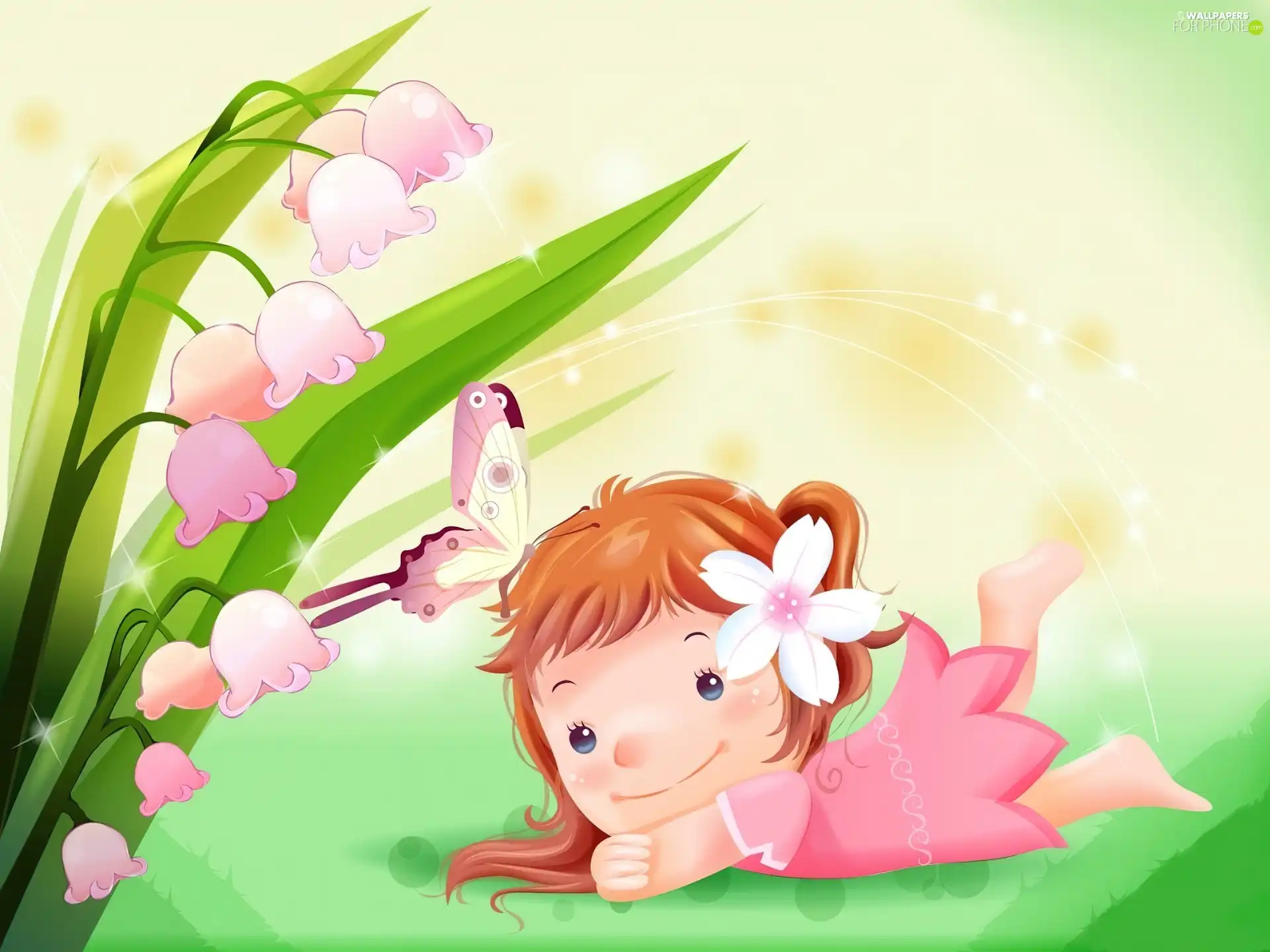 Kid, lilies, butterfly, Meadow