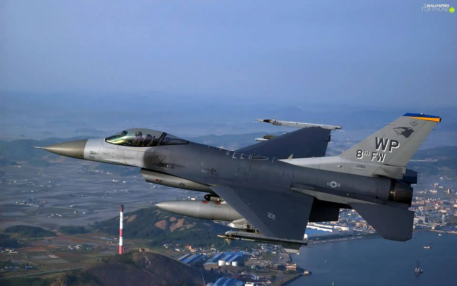 by, town, F-16, flight, Sky
