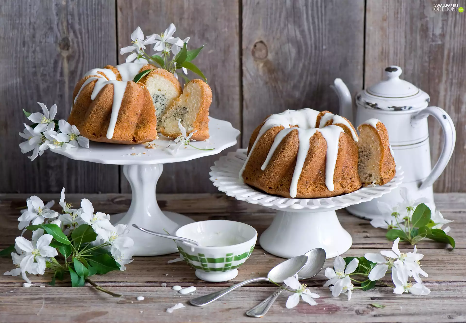 cake, cake, Plates, Twigs, bowl, boarding, Flowers, jug, White