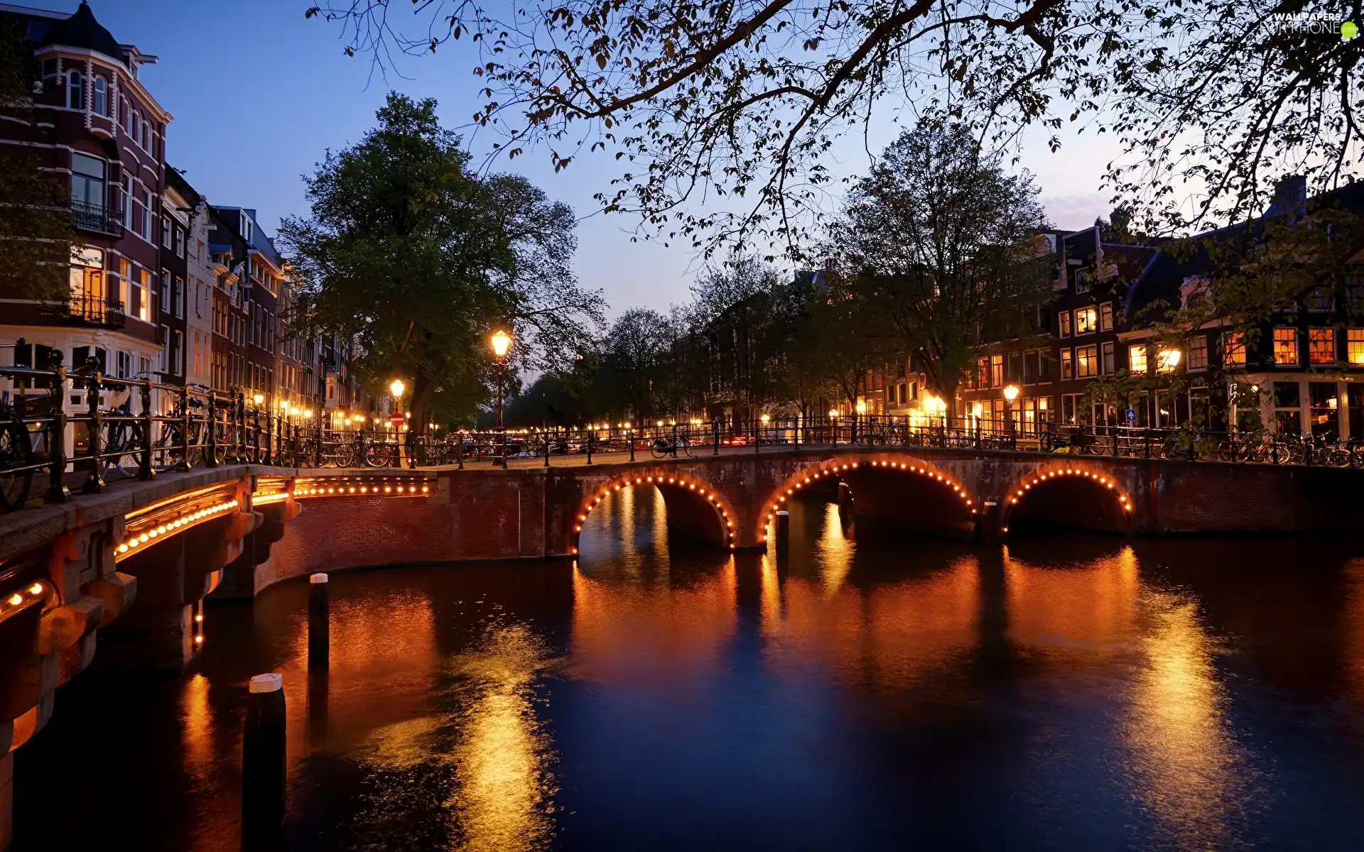 bridge, canal, Amsterdam, lanterns, Netherlands