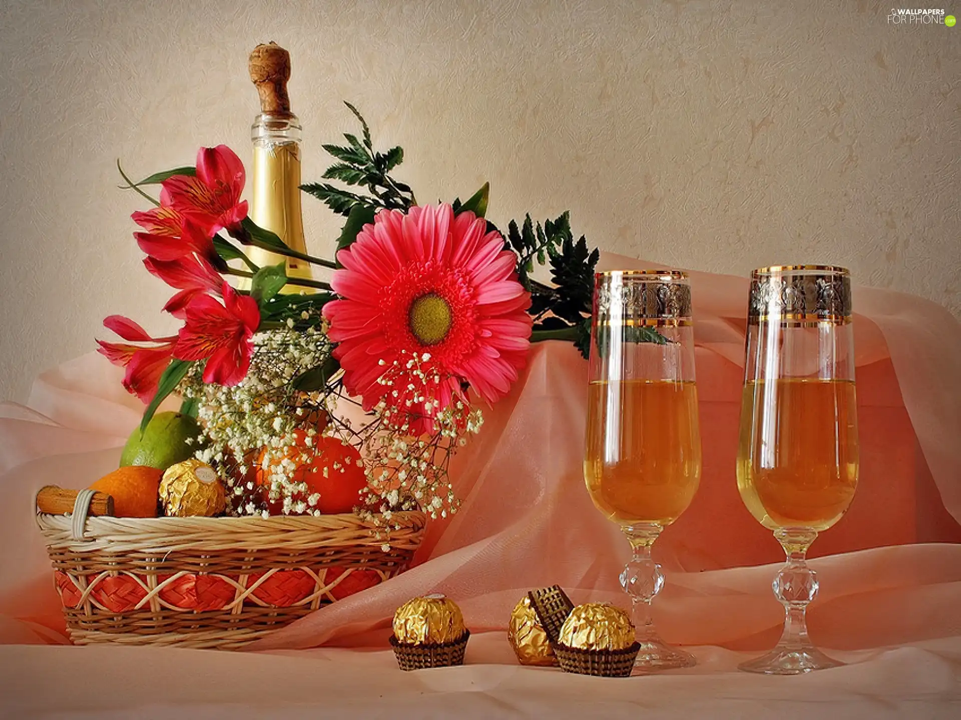 Champagne, Flowers, Candies, glasses