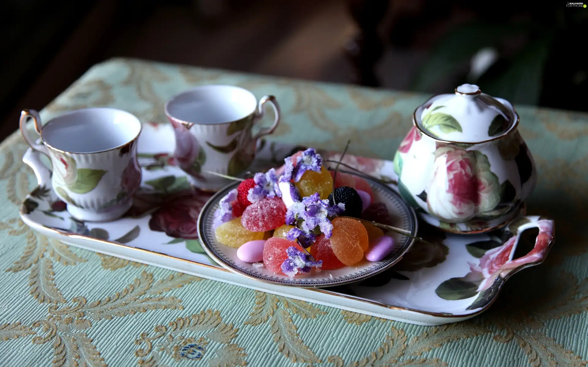 Candies, Tray, cups