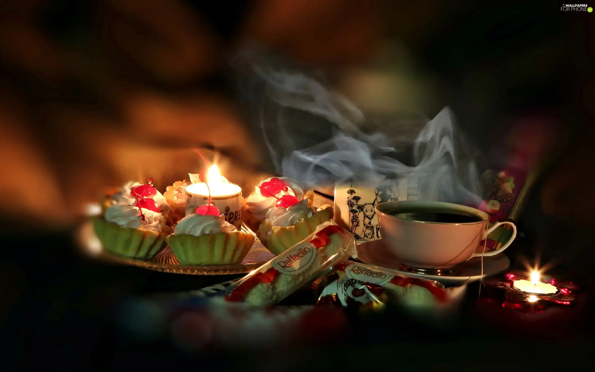 Muffins, hot, Candles, blur, Rafaello, tea