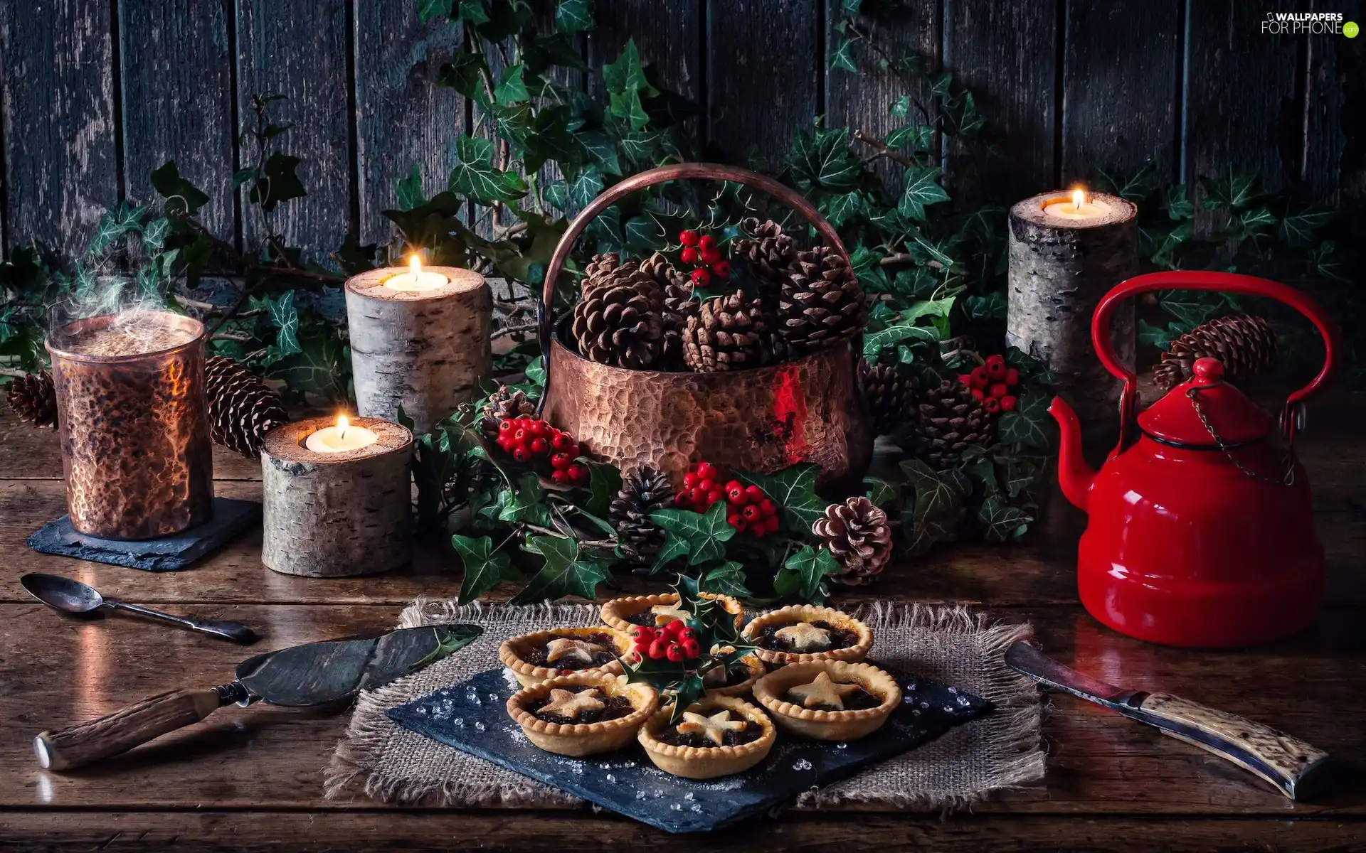 basket, cones, napkin, kettle, cookies, wreath, composition, Candles