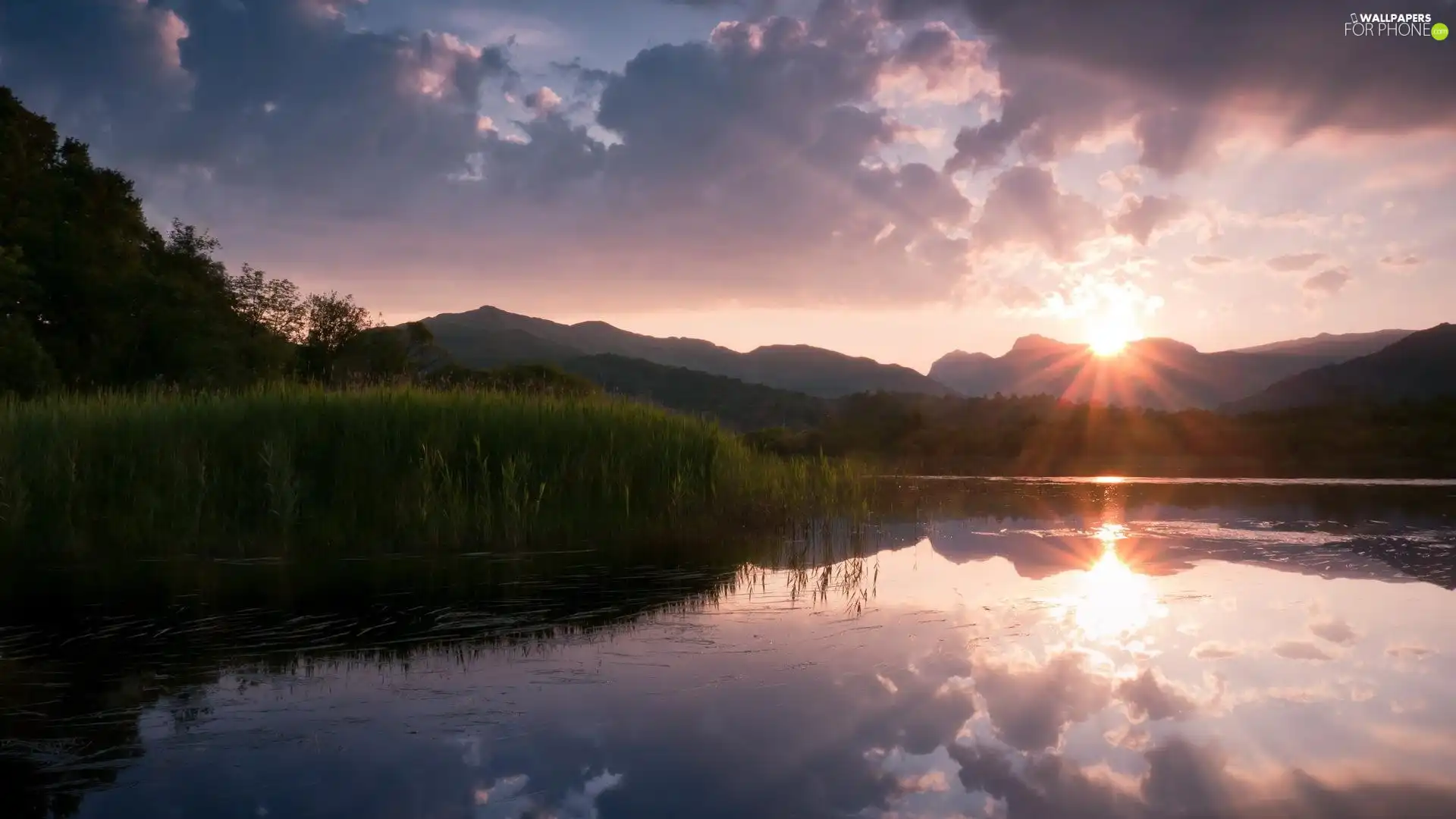 cane, Mountains, sun, lake, west