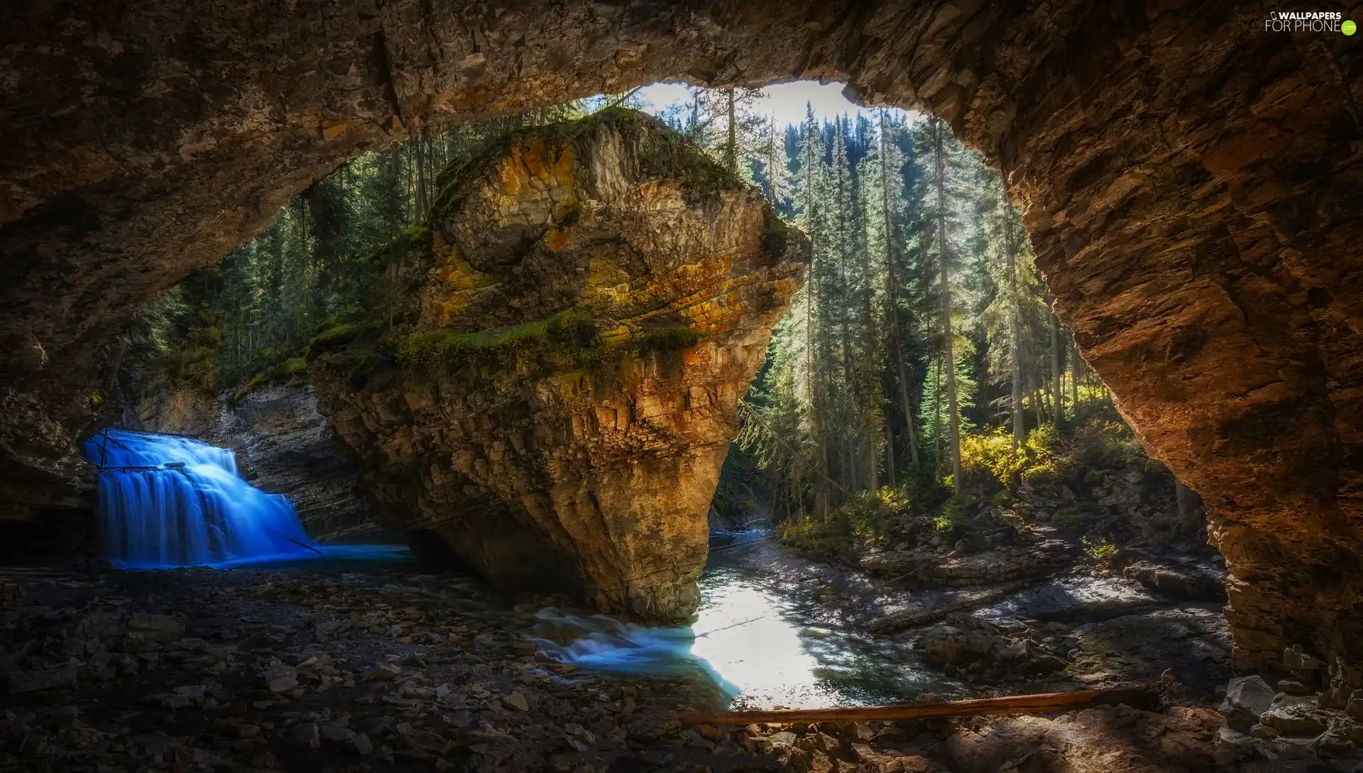 cave, Banff National Park, waterfall, Johnston Canyon, Canada, Rocks, morning