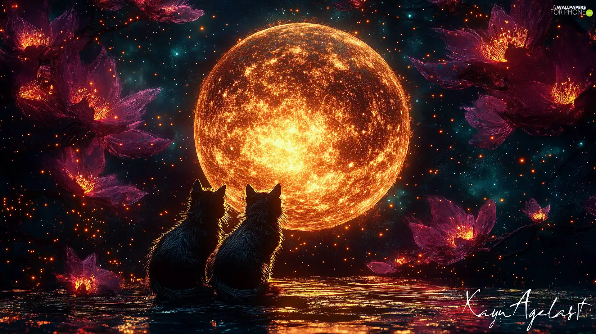 Two cars, Flowers, moon, cats