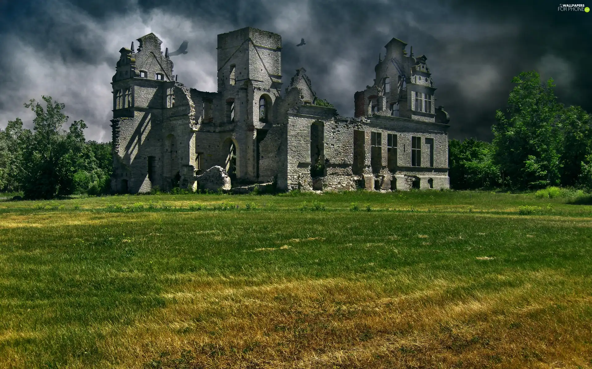 clouds, ruins, castle, Meadow