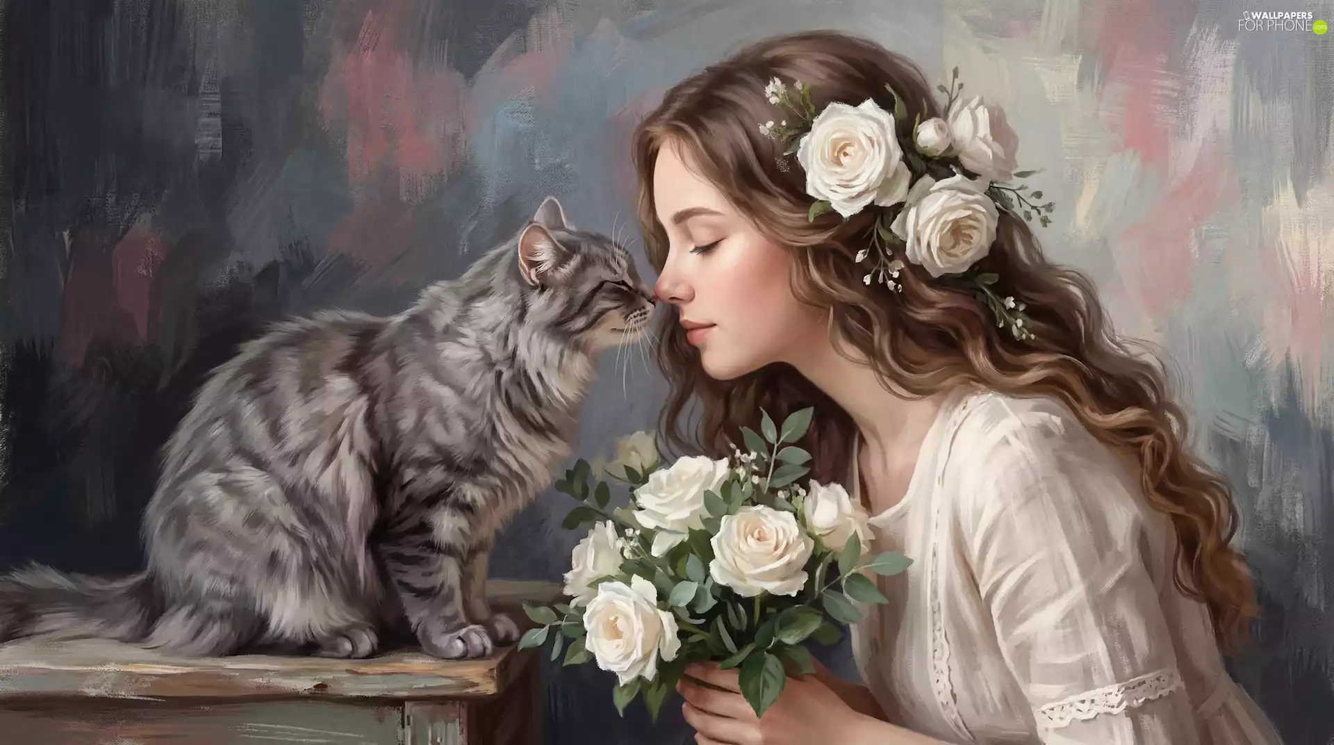 roses, cat, girl, longhaired, graphics