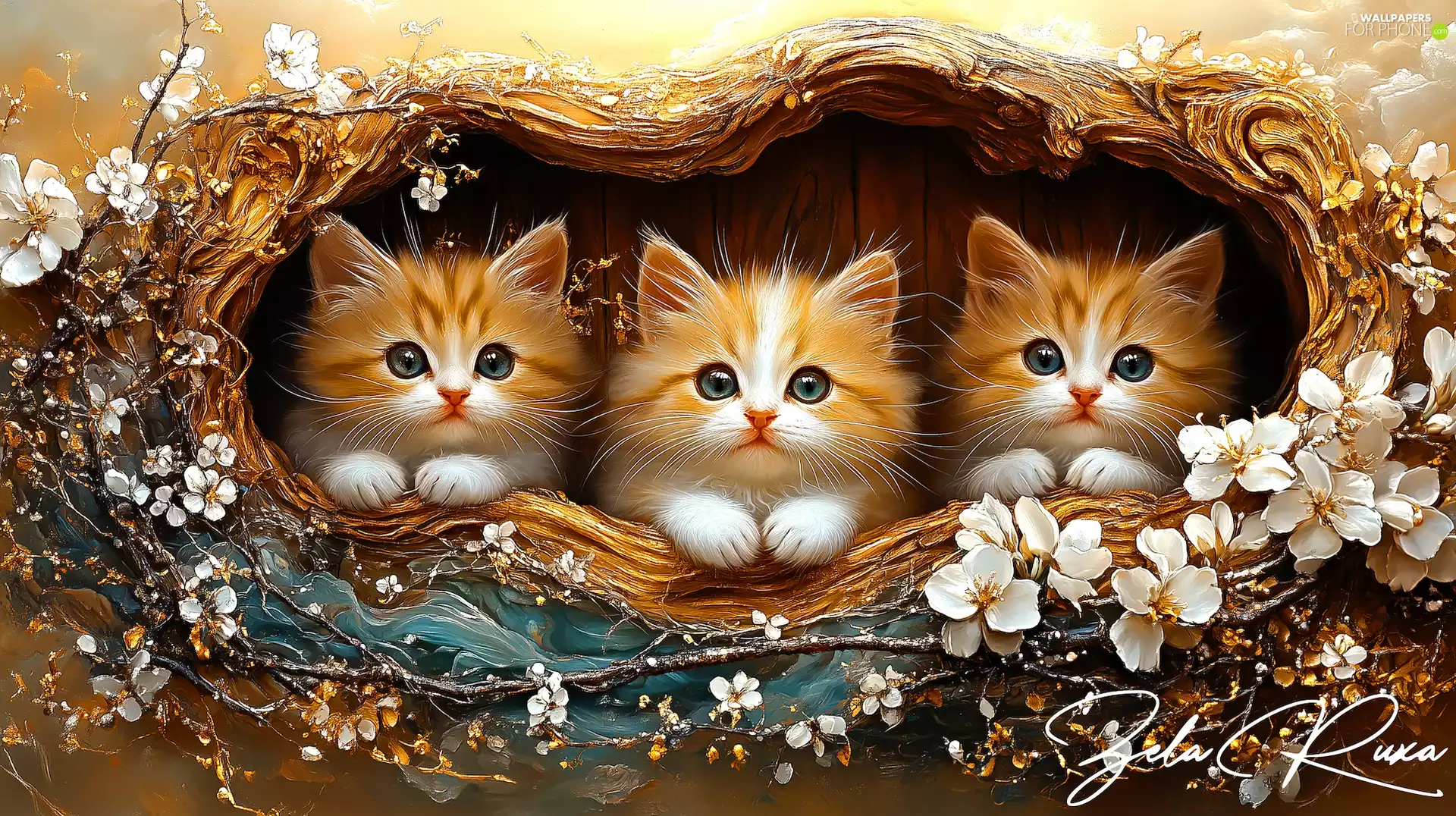 cats, hollow, red head, little doggies, graphics, Three, Flowers