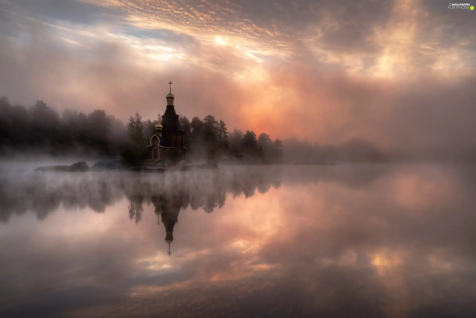 Cerkiew, forest, Fog, clouds, lake