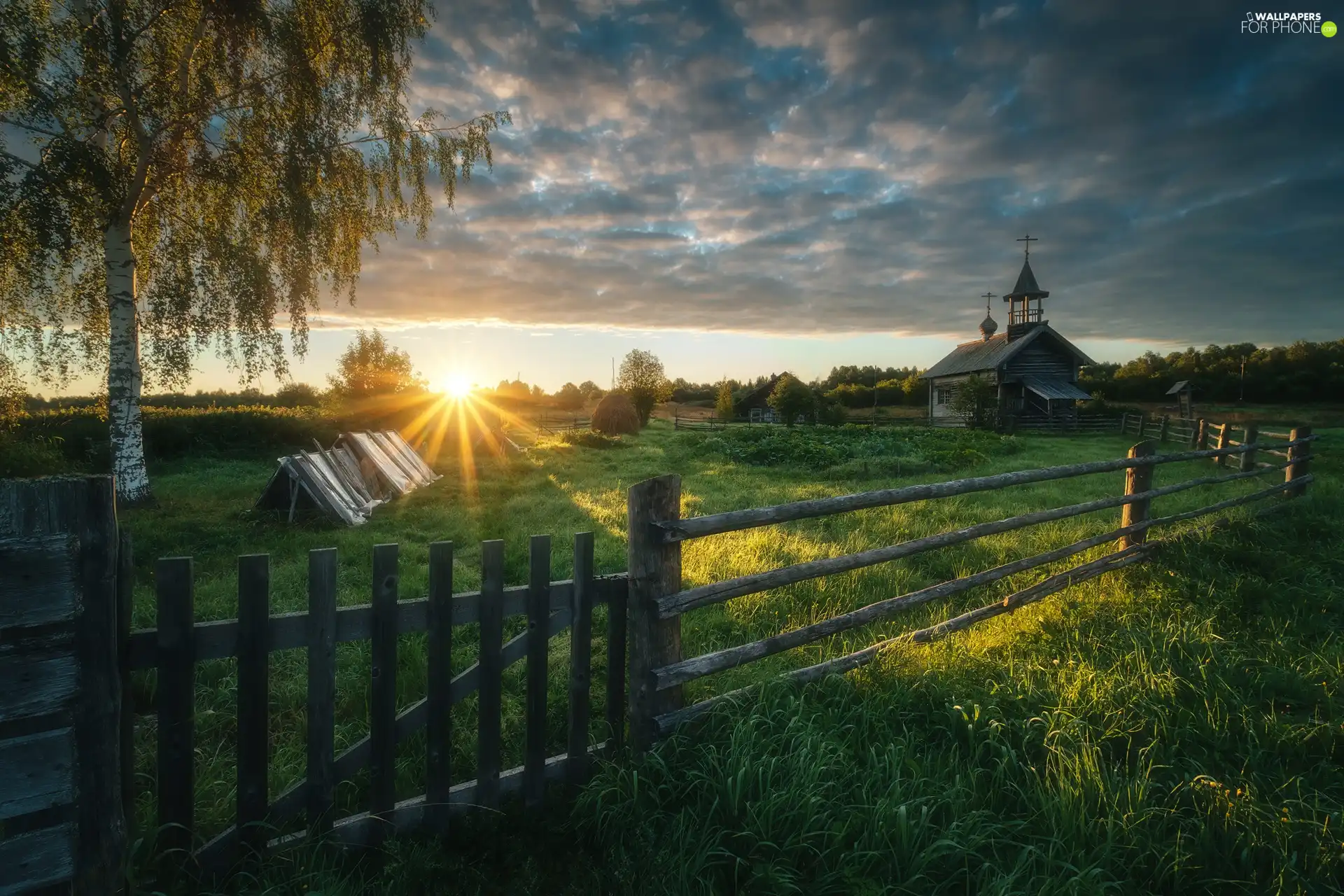 birch-tree, fence, Cerkiew, trees, Sunrise