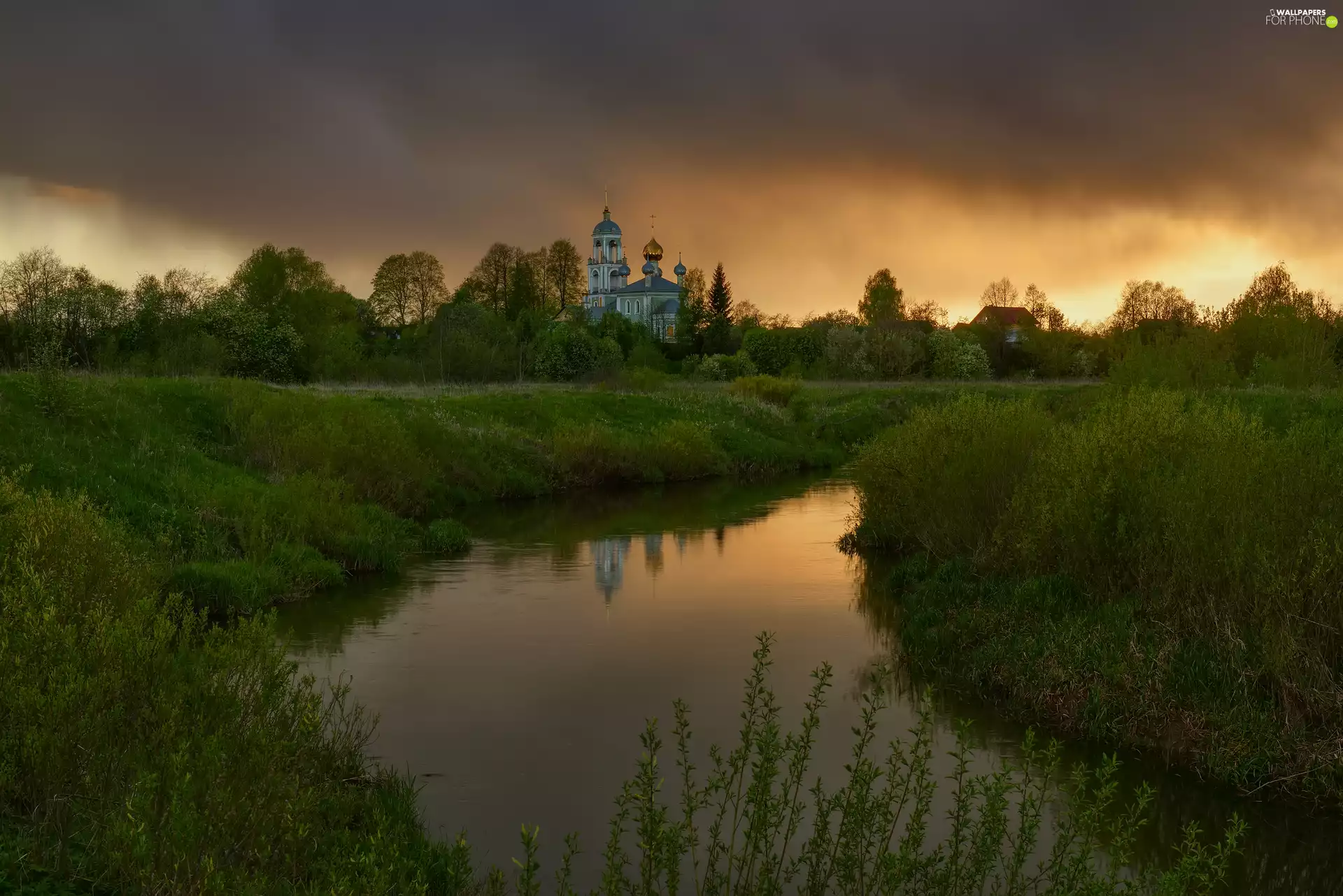 VEGETATION, River, viewes, Cerkiew, clouds, trees, reflection