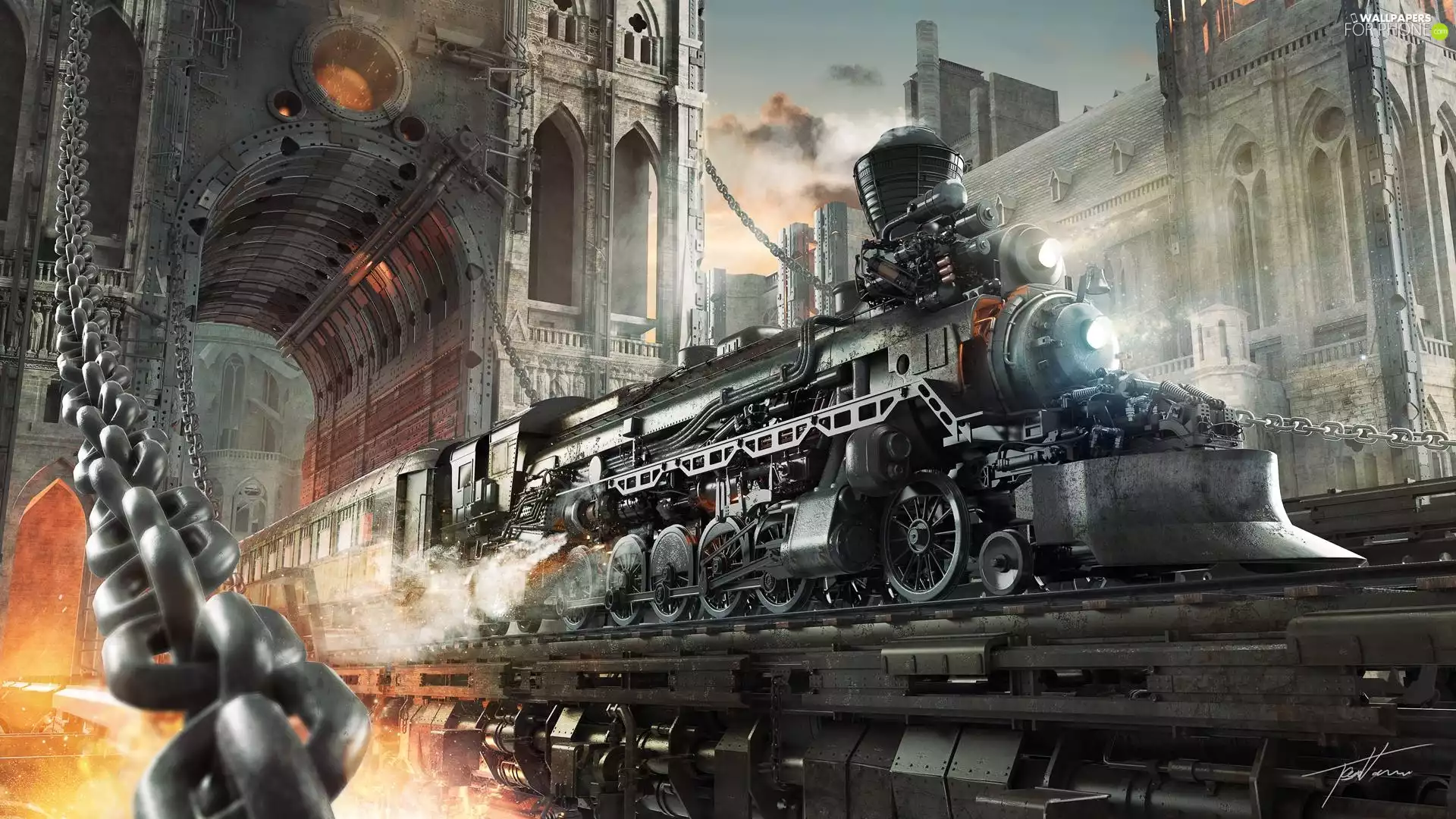 buildings, chain, Train, locomotive, Steampunk