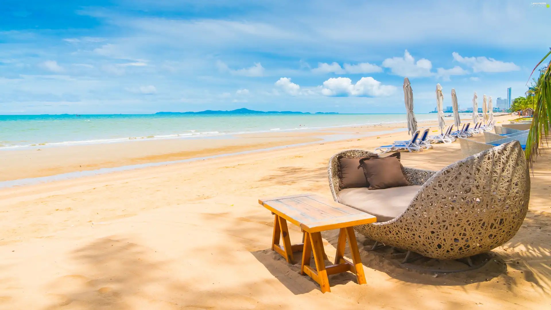 Sofa, table, deck chair, Sunshade, Beaches