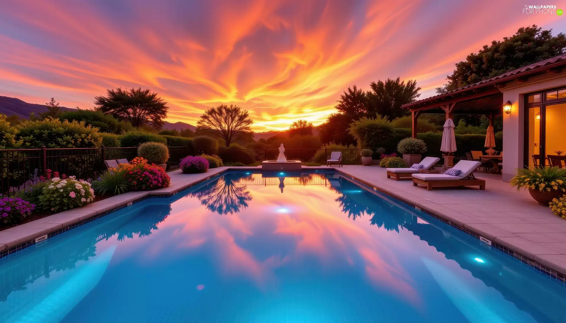 trees, Pool, clouds, Great Sunsets, viewes, deck chair