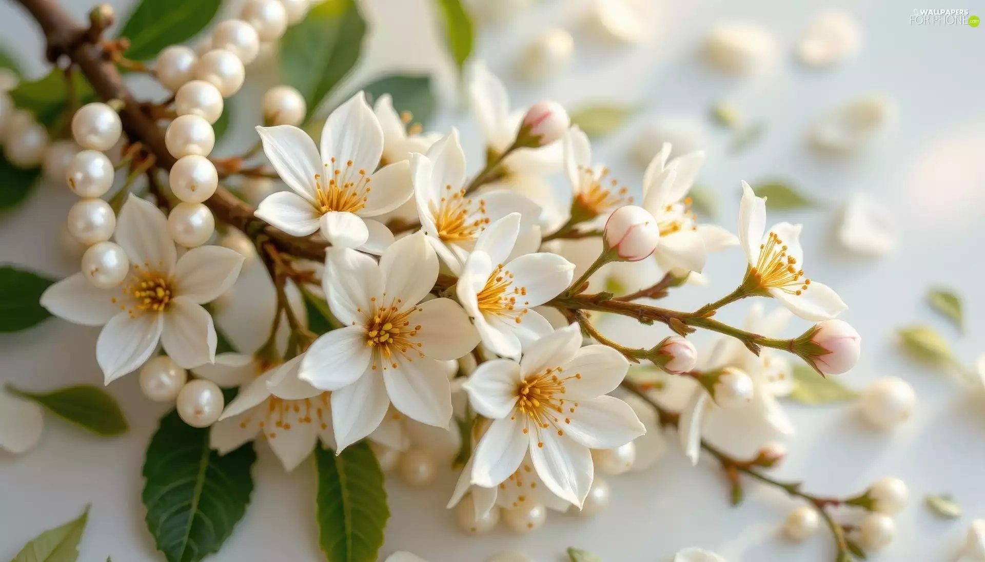 Pearl, chaplet, Flowers, Twigs, White