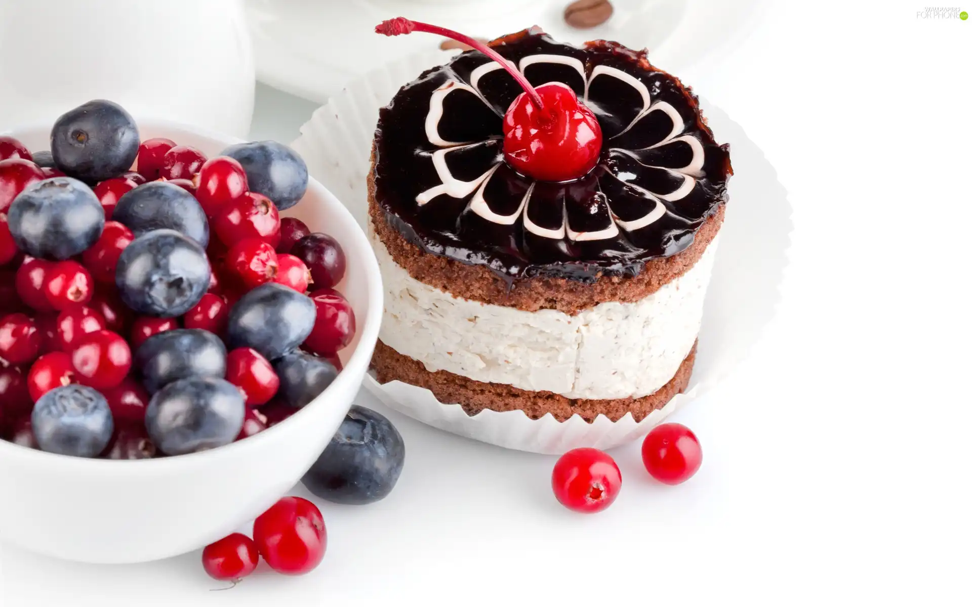 cherries, cake, blueberries
