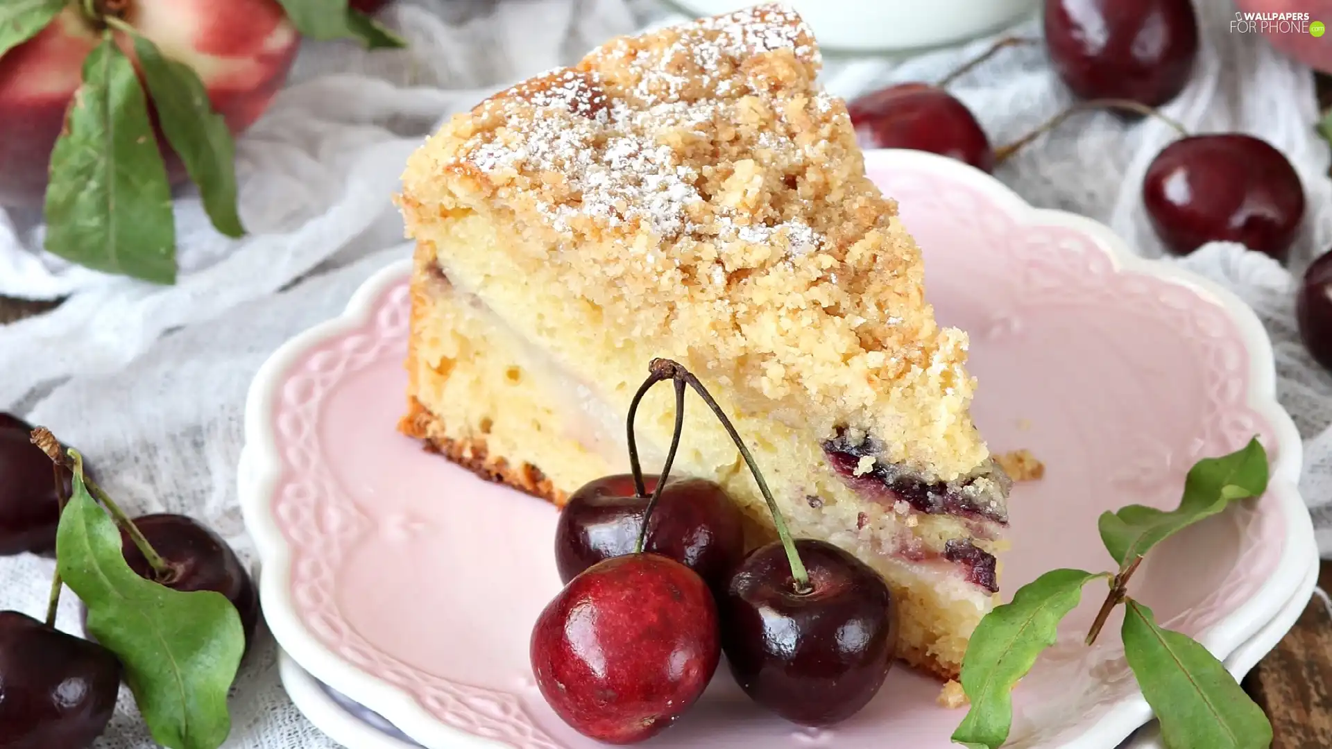 cake, plate, cherries, piece