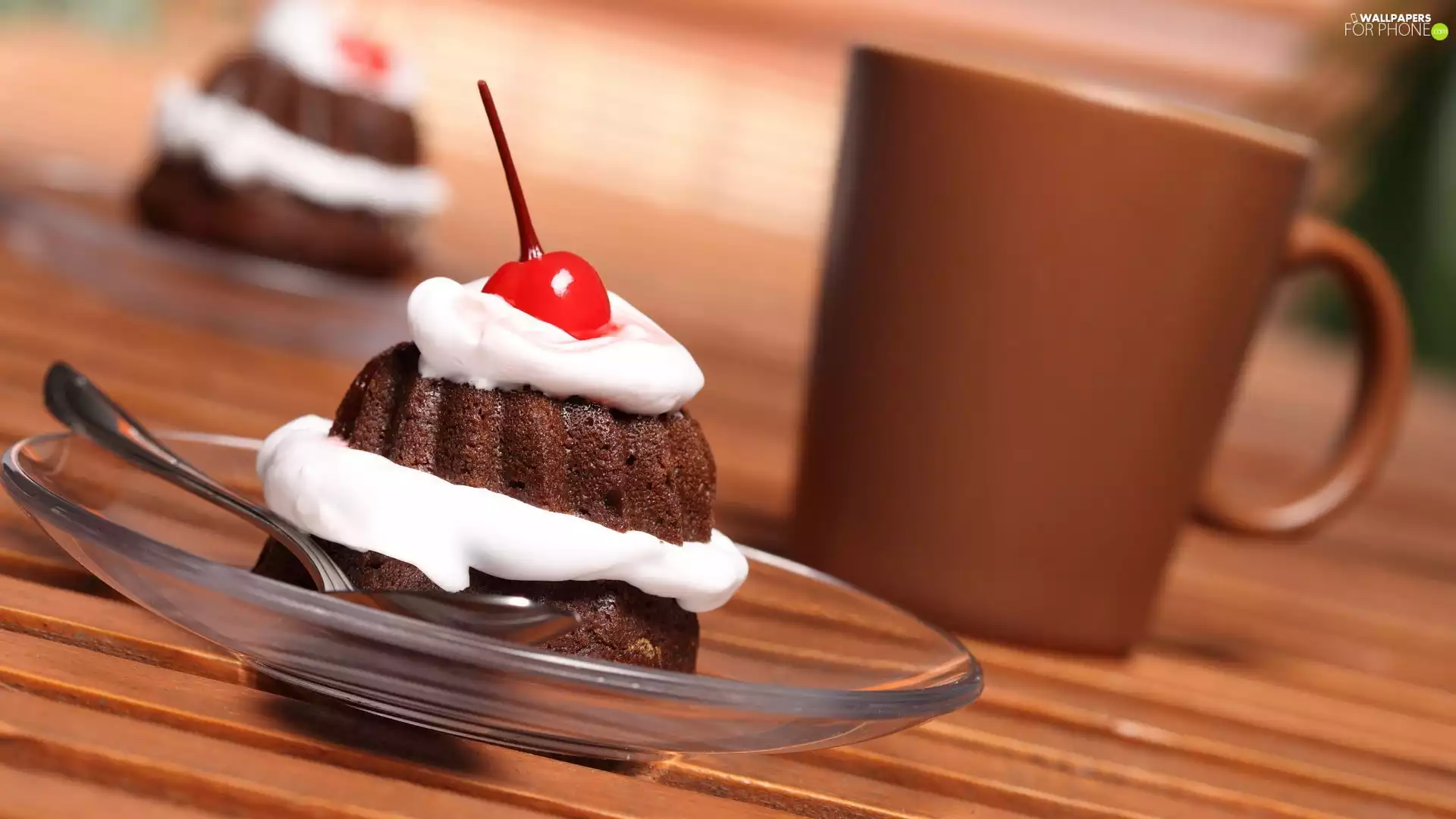 cream, cake, Cup, cherry, chocolate, dessert, teaspoon