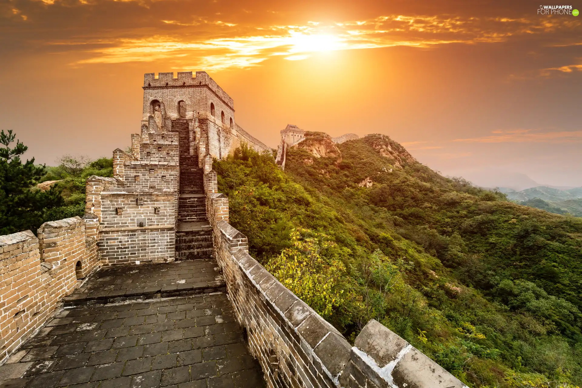 Chinese, wall, Mountains, sun, landscape