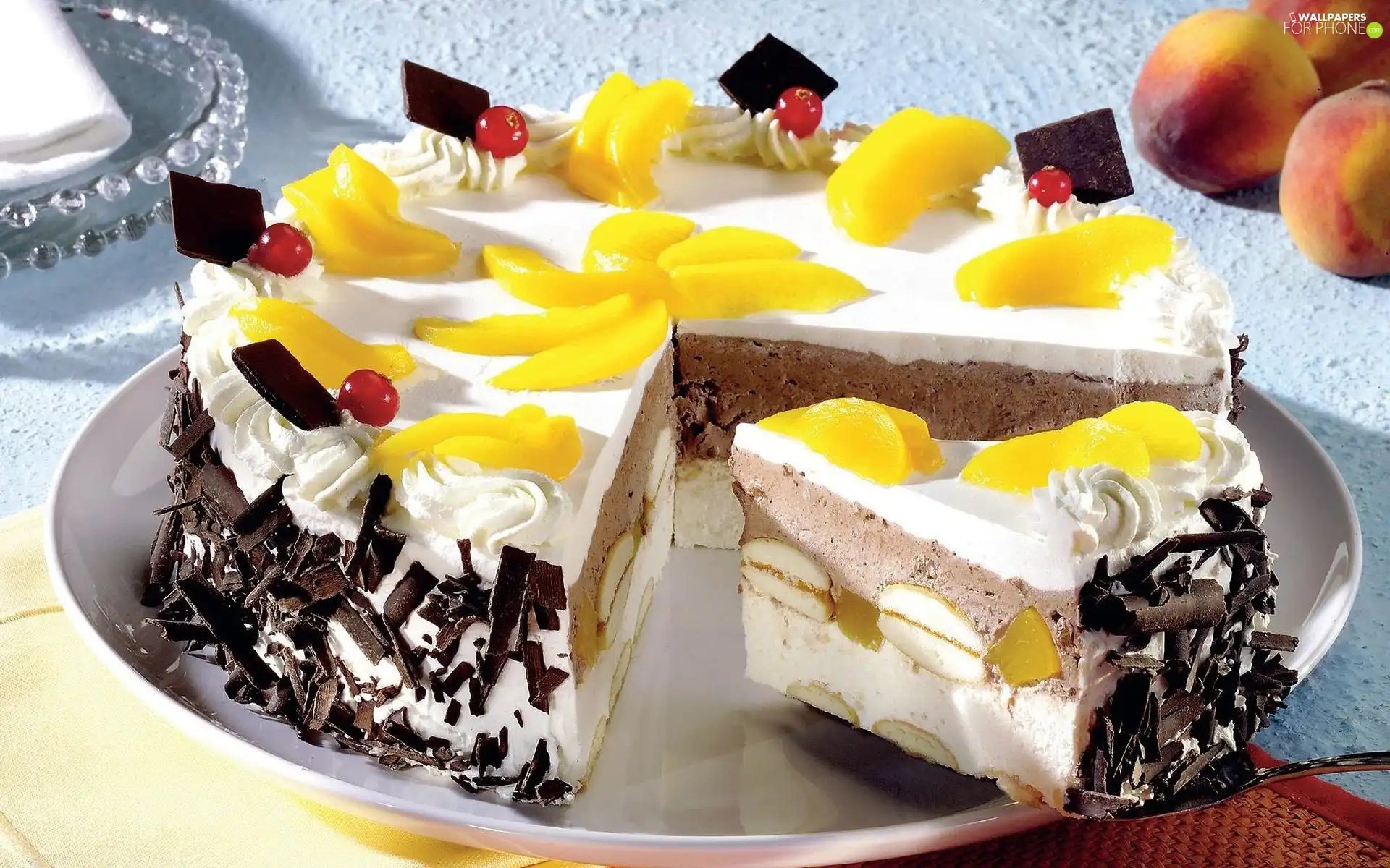 chocolate, peaches, Cake, vanilla, gorgeous